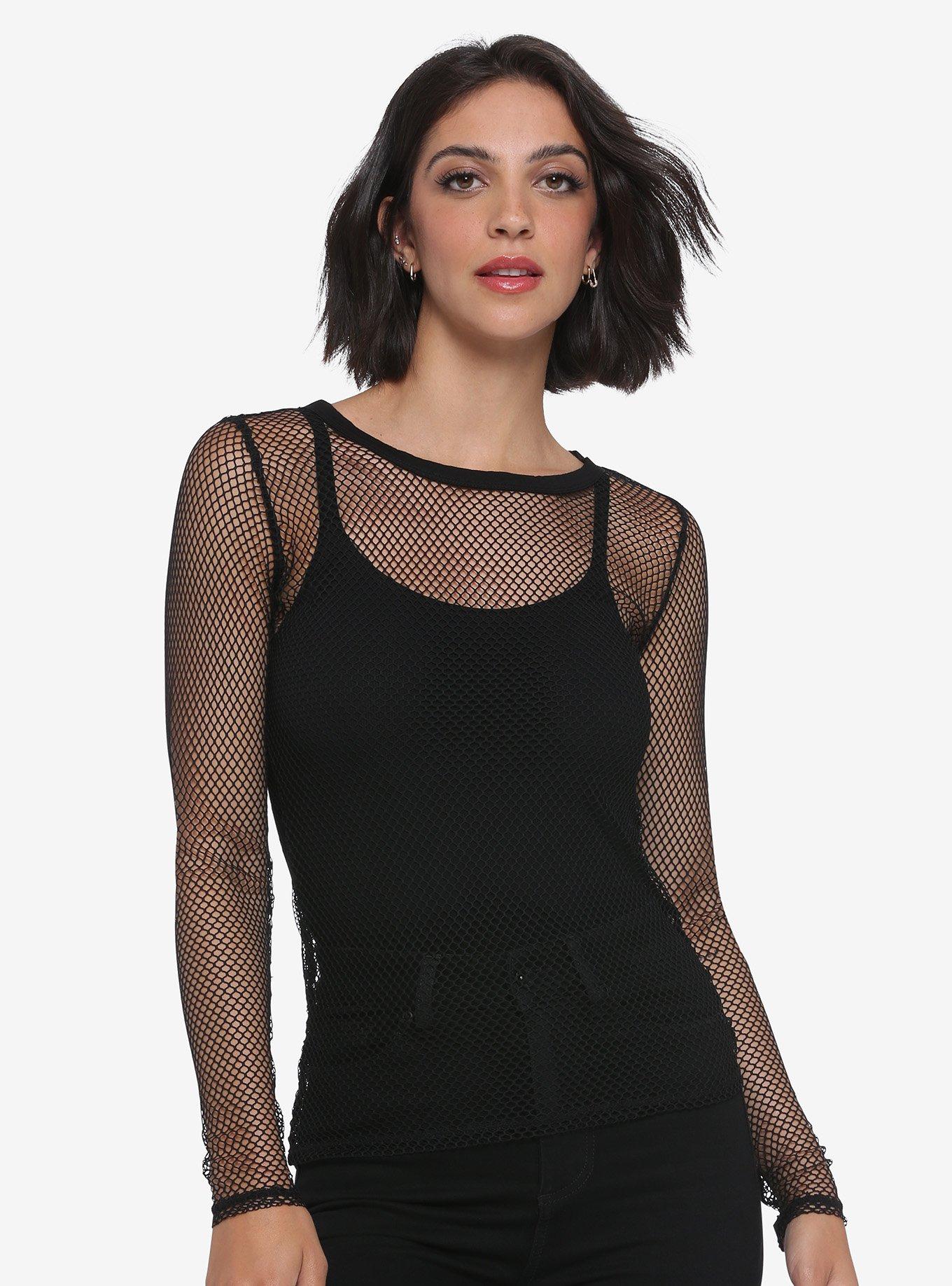 Black Fishnet Mesh Girls Long-Sleeve Top, BLACK, hi-res