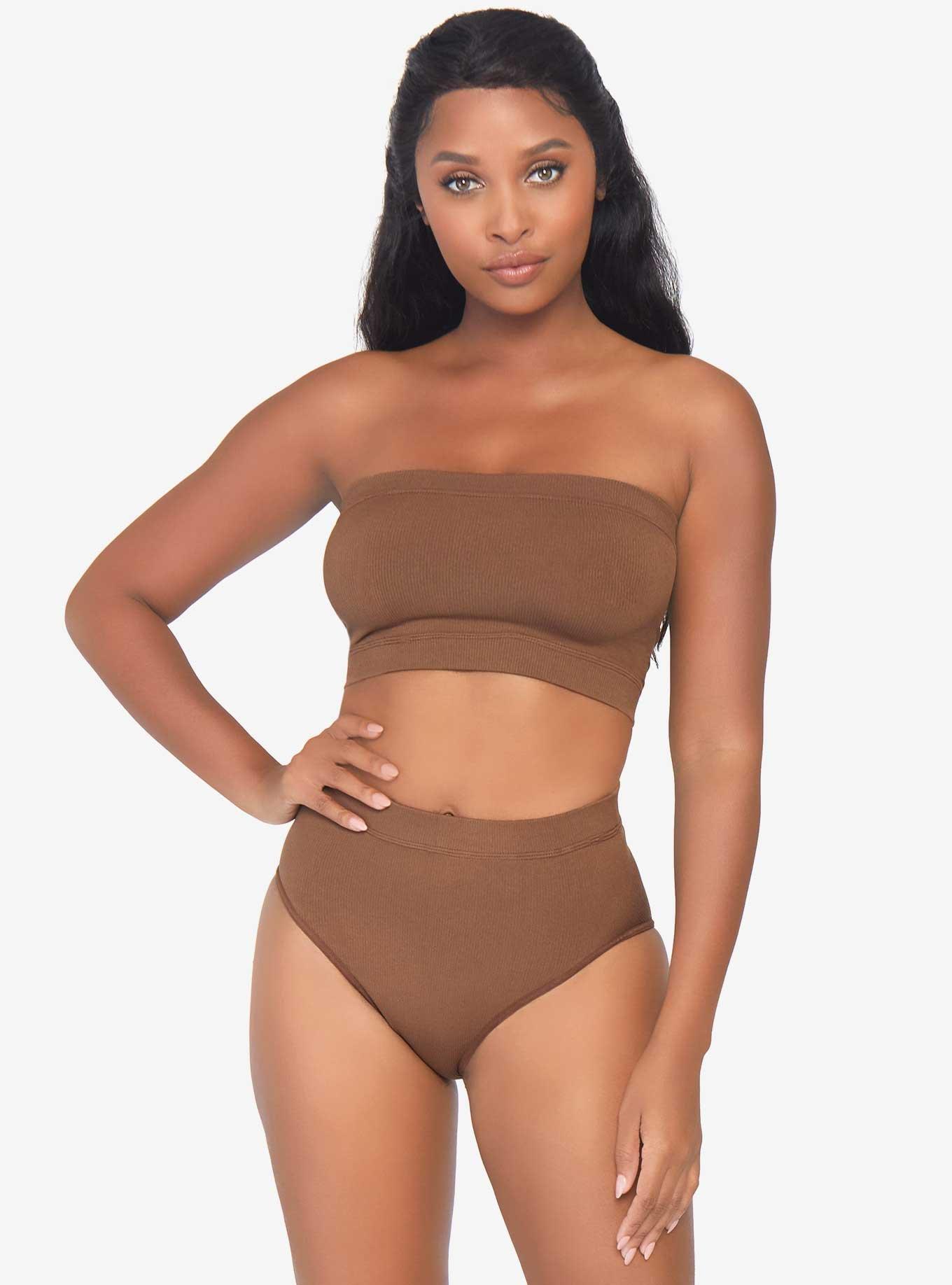 Tan Seamless Bandeau And Briefs Set, NUDE, hi-res