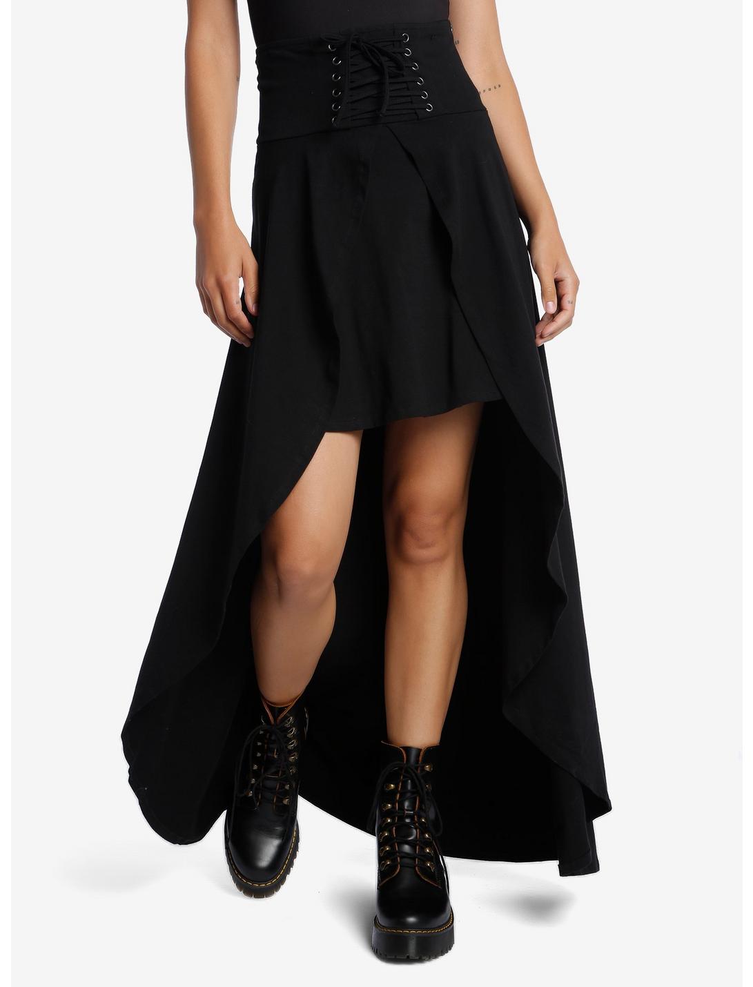 Black Lace-Up Hi-Low Maxi Skirt, BLACK, hi-res