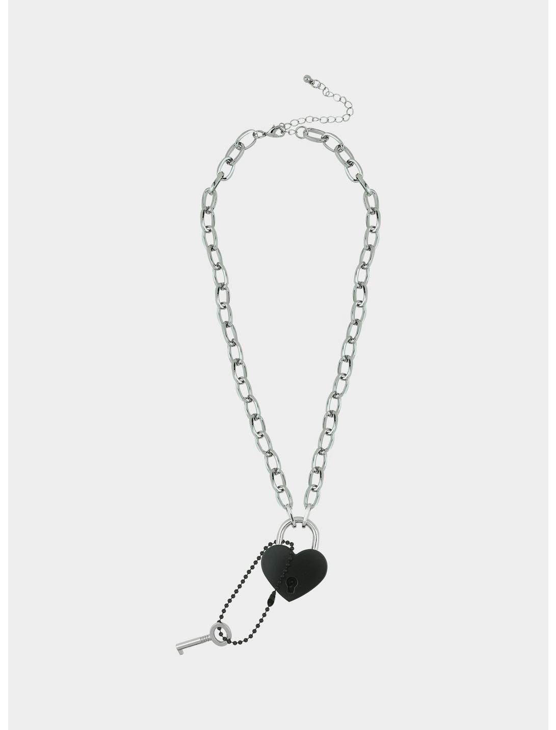 Black Heart Padlock Chain Necklace, , hi-res