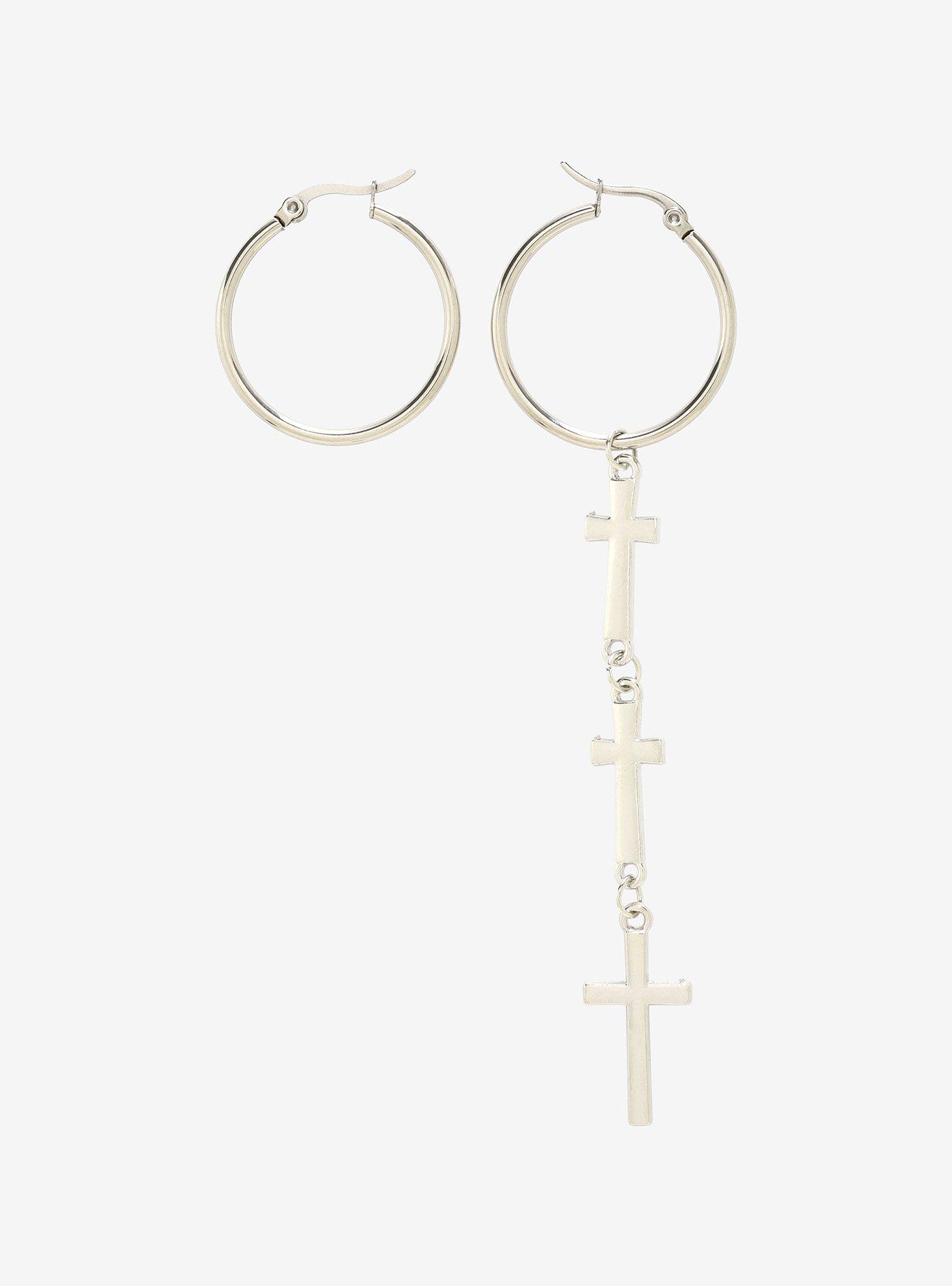 Dangle Cross Mismatch Hoop Earrings, , hi-res