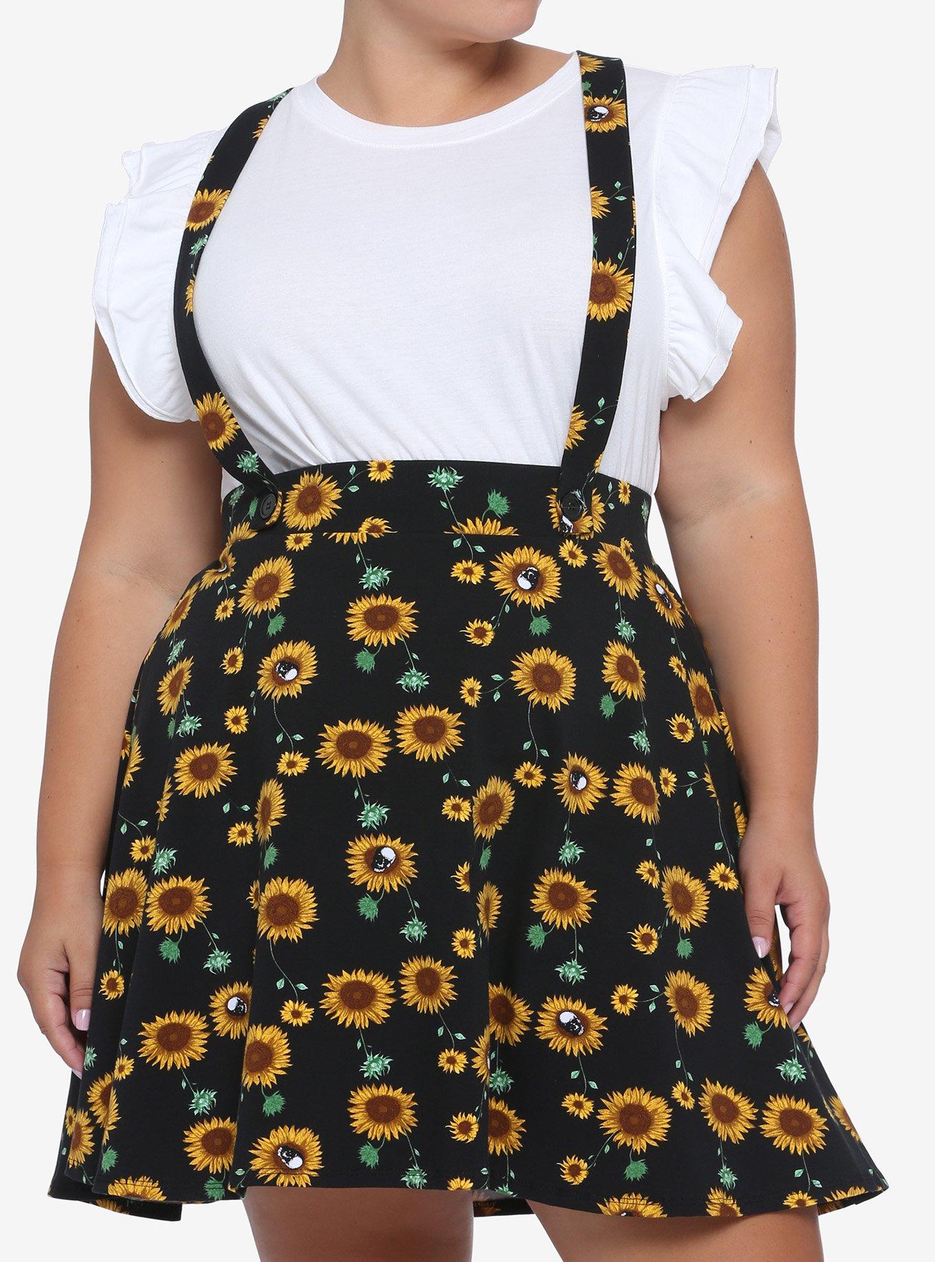 Sunflowers & Skulls Suspender Skirt Plus Size, MULTI, hi-res