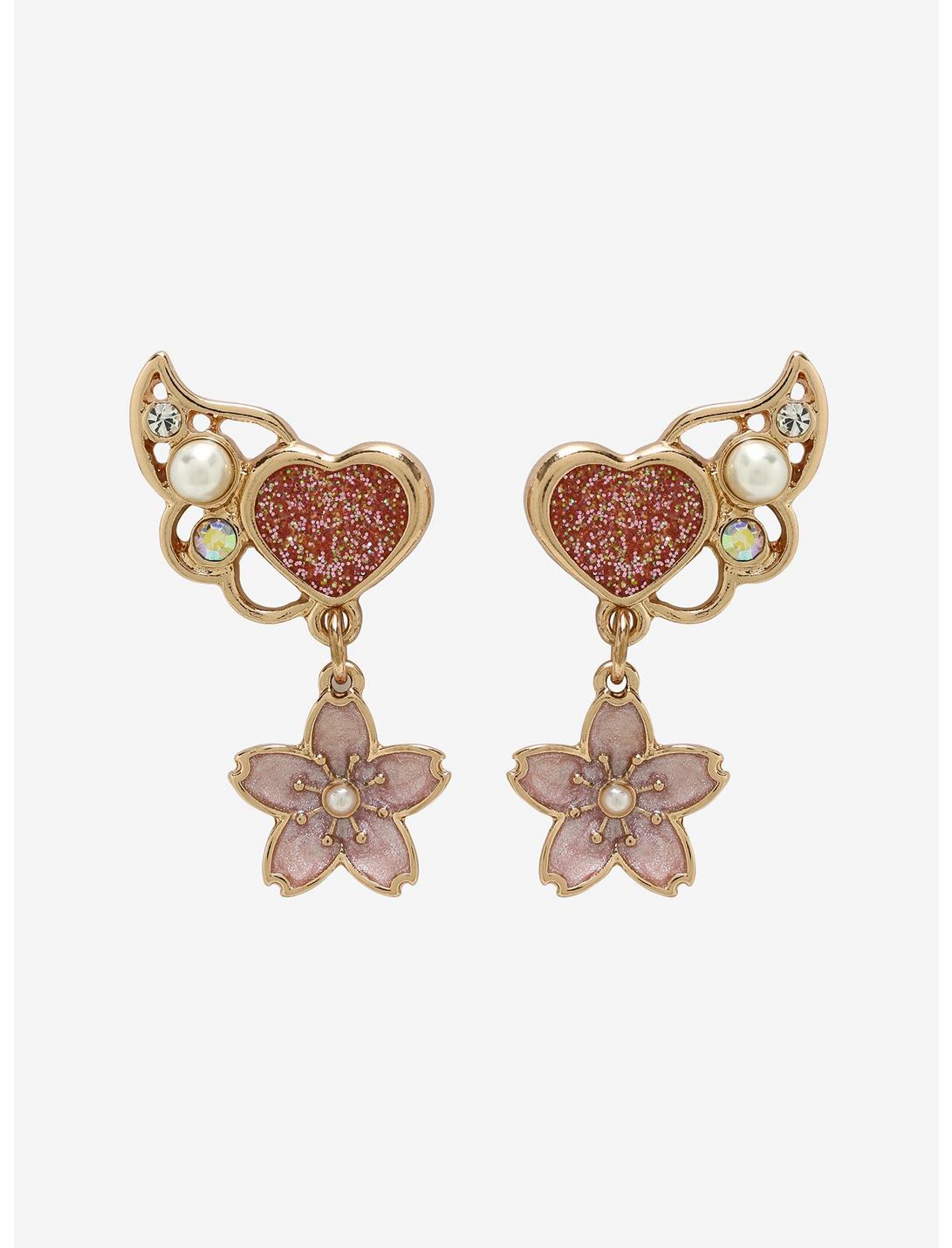 Sakura Blossom Heart Wing Dangle Earrings, , hi-res