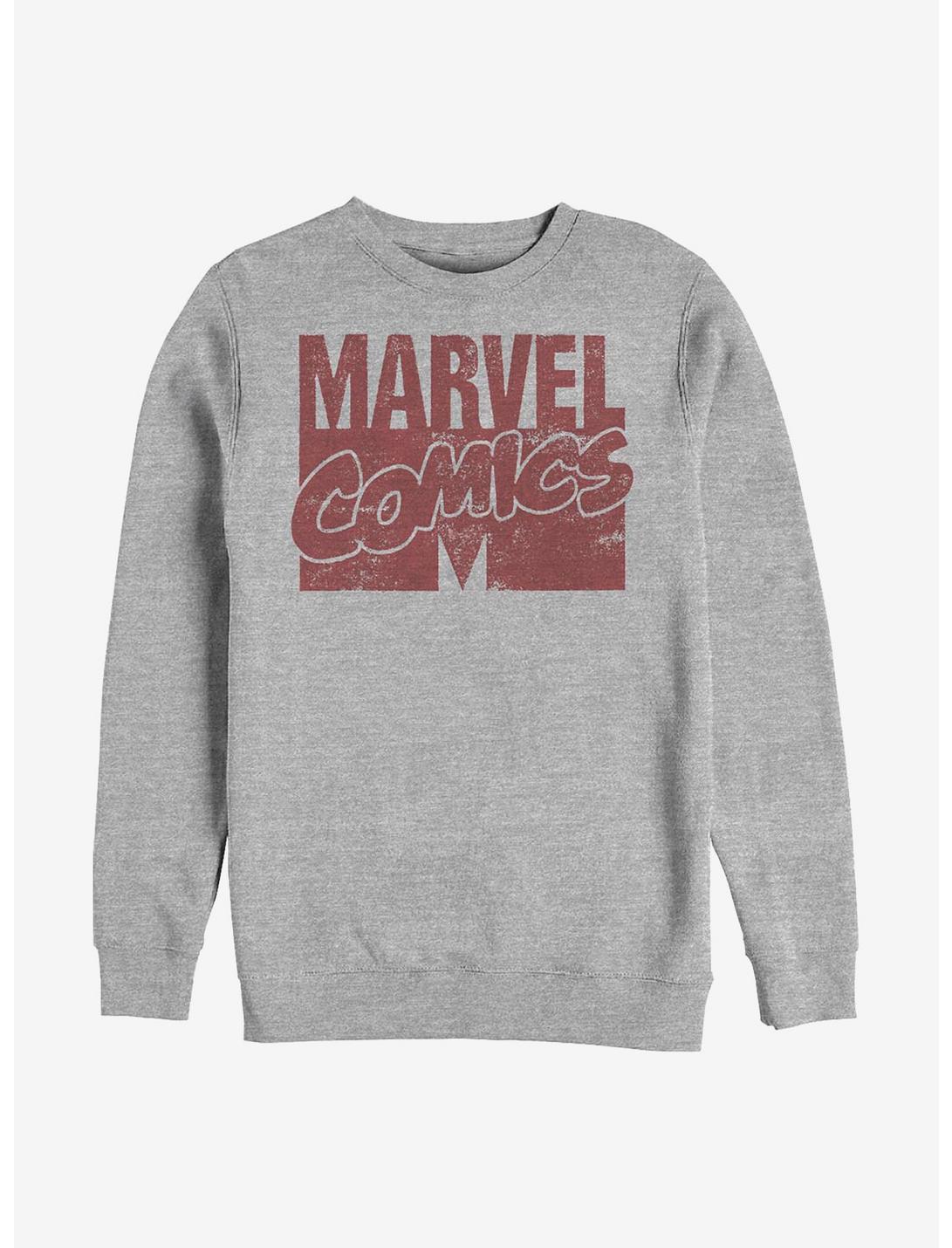 Marvel Logo Distressed Sweatshirt, ATH HTR, hi-res