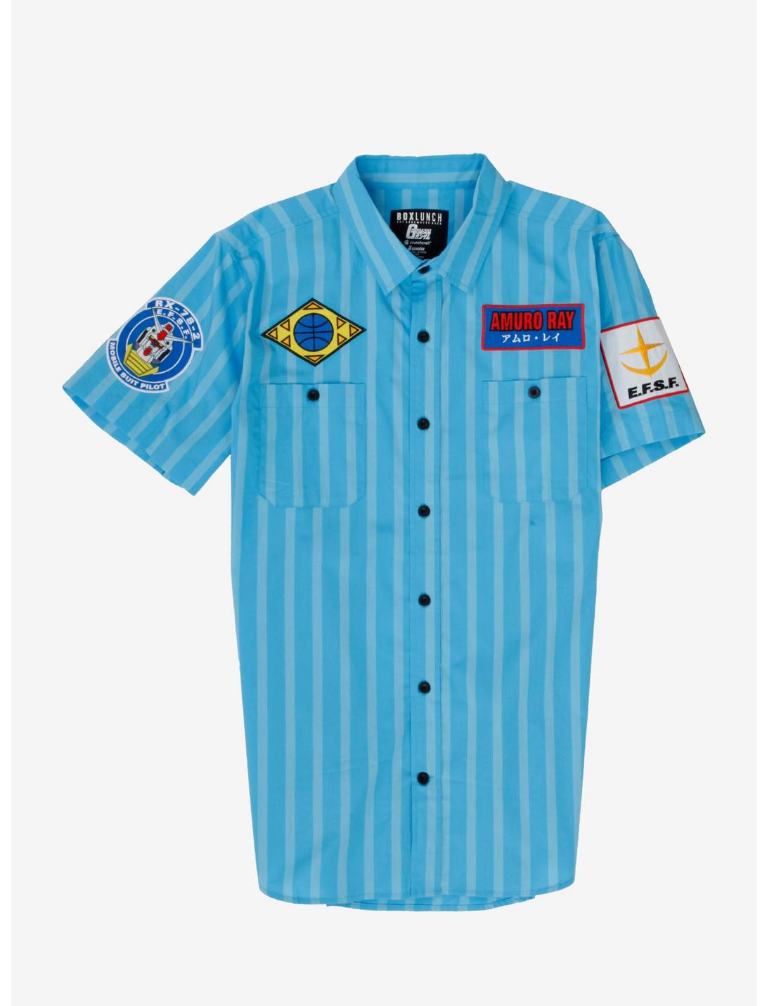 Mobile Suit Gundam E.F.S.F. Patches Striped Woven Button-Up - BoxLunch Exclusive, LIGHT BLUE, hi-res