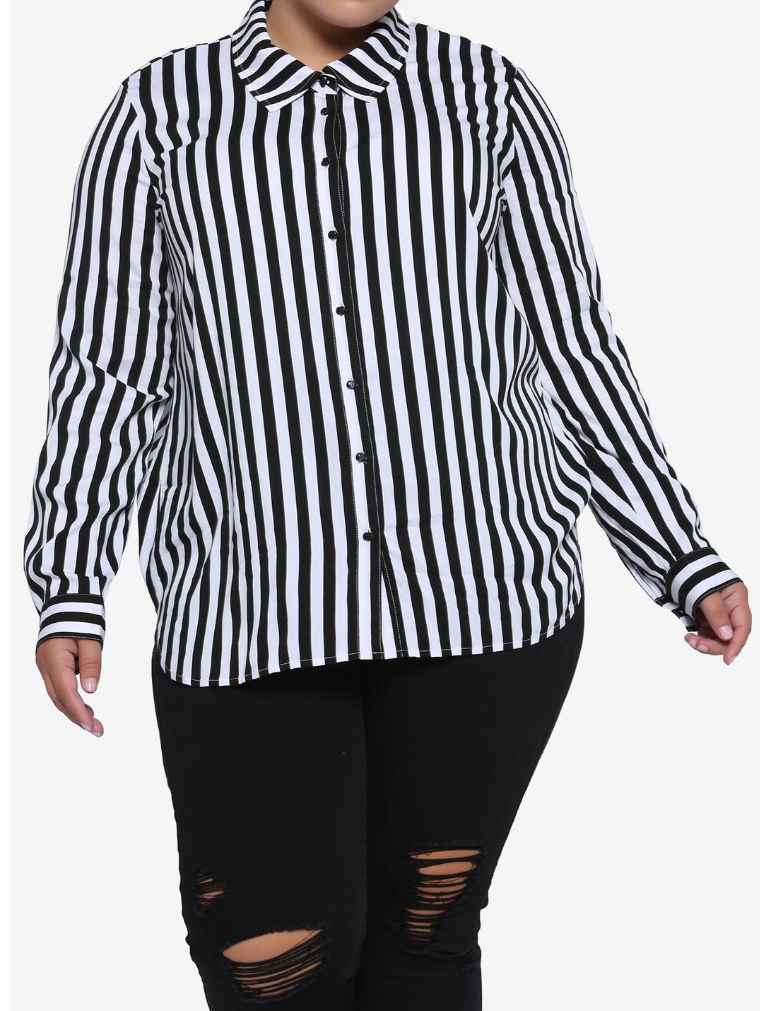 Black & White Stripe Woven Girls Button-Up Plus Size, WHITE, hi-res