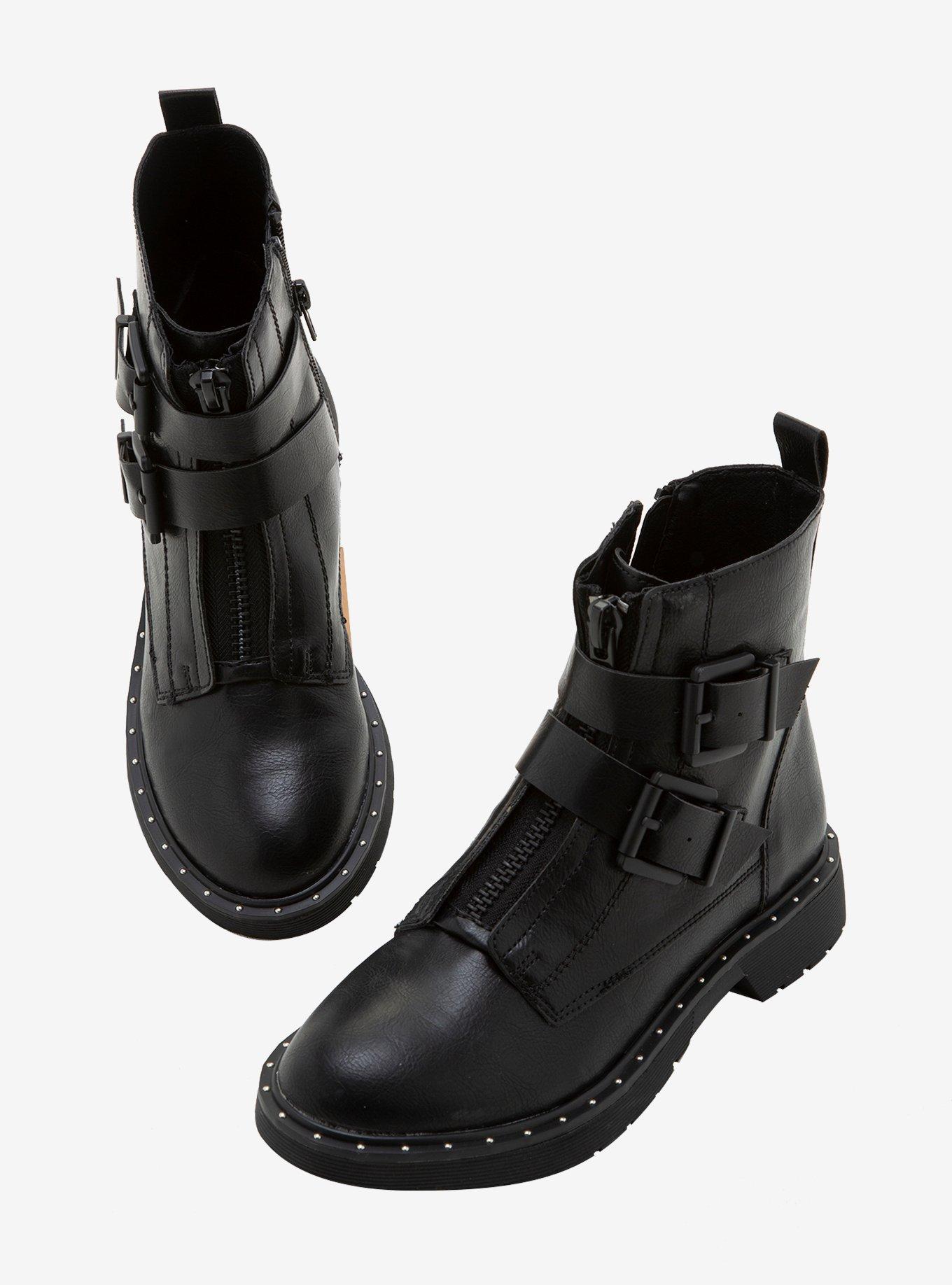 Studded & Buckled Combat Boots, BLACK, hi-res