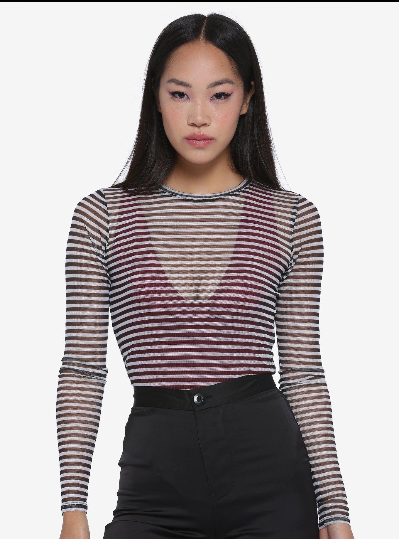 Black & White Stripe Mesh Girls Long-Sleeve Top