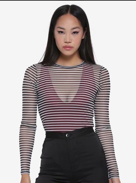 Black & White Stripe Mesh Girls Long-Sleeve Top | Hot Topic