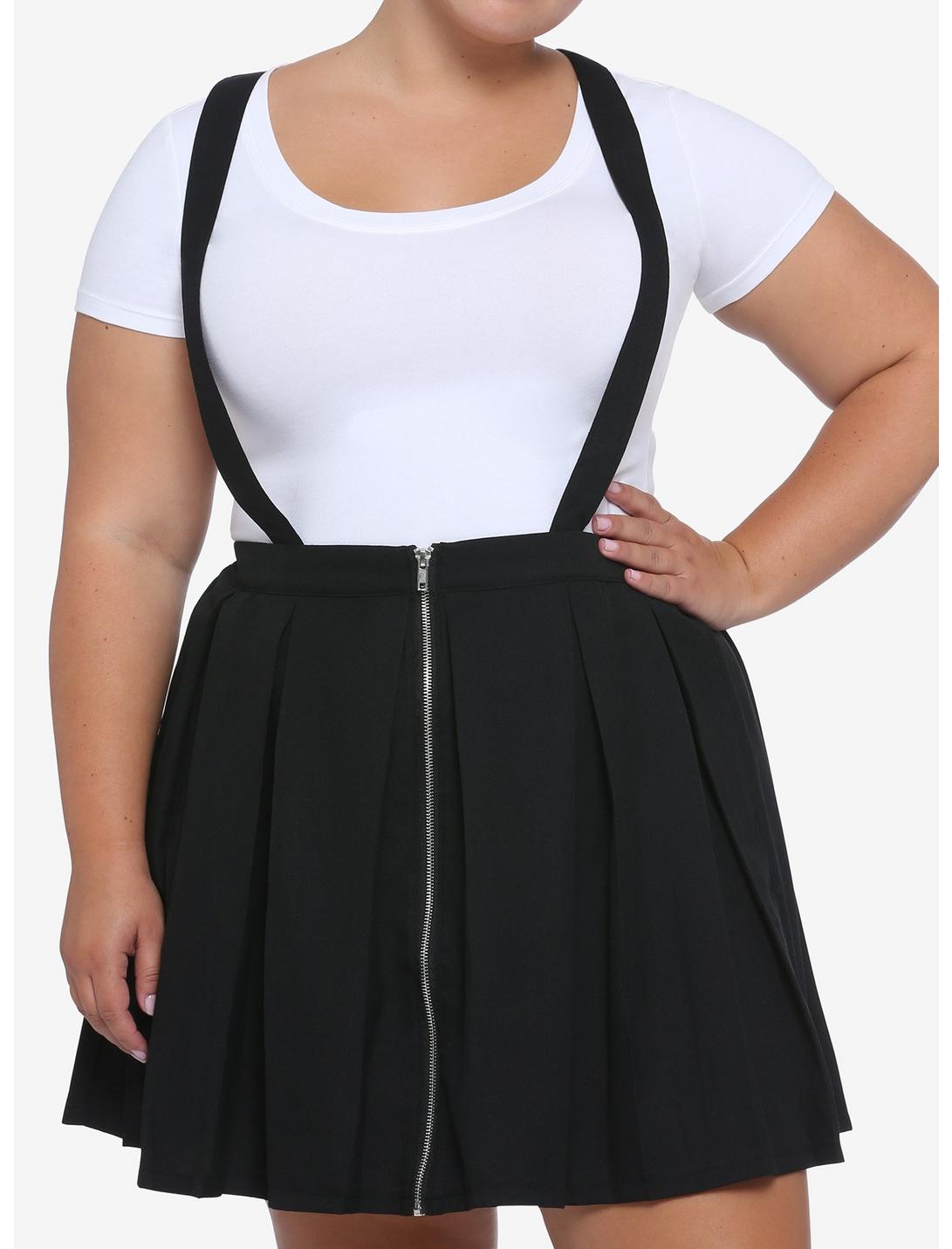 Black Pleated Suspender Skirt Plus Size, BLACK, hi-res
