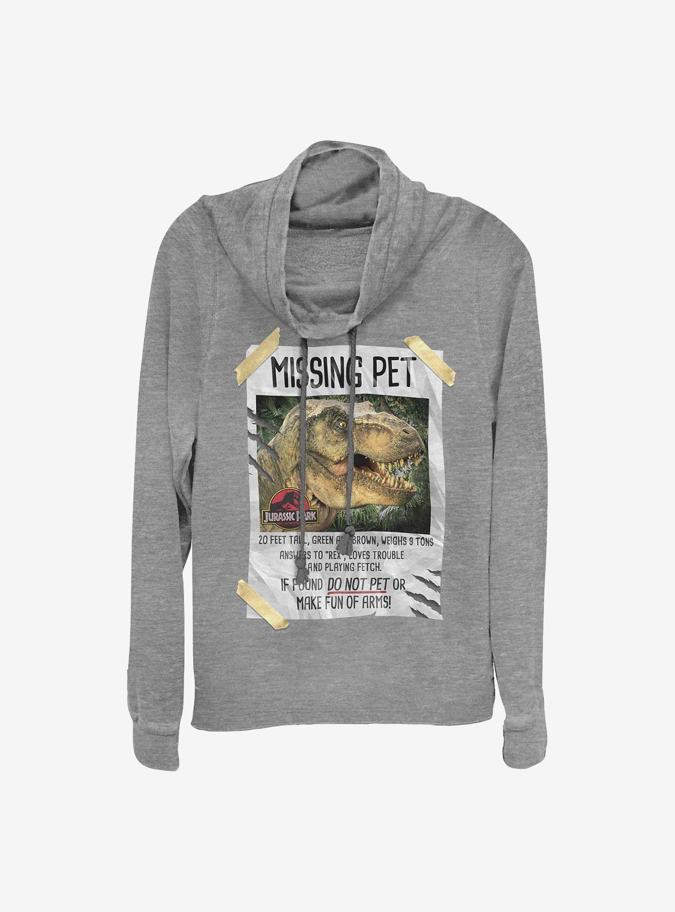 Jurassic Park Missing Pet Cowlneck Long-Sleeve Girls Top, GRAY HTR, hi-res