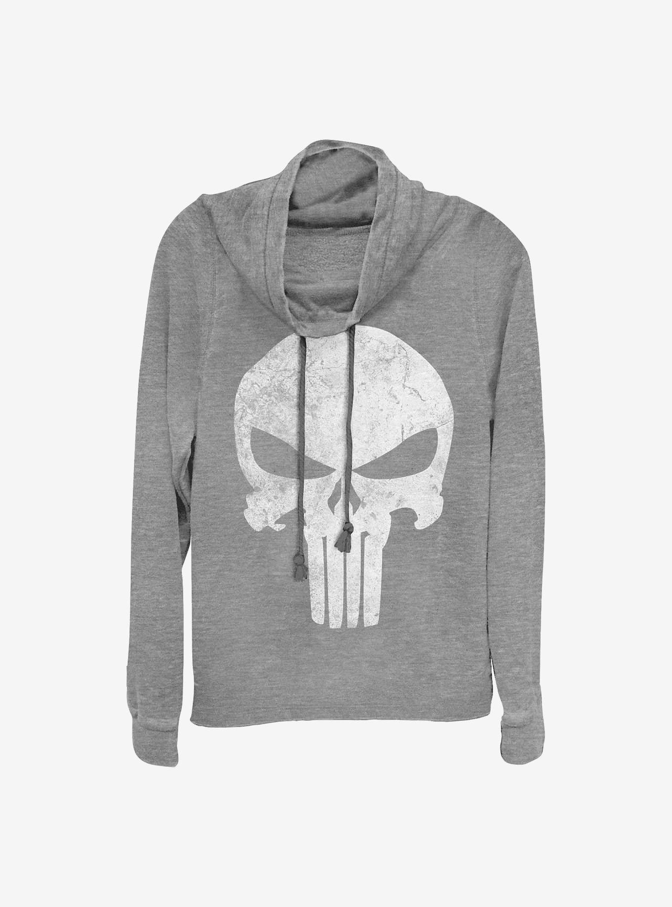 Marvel Punisher Punisher Distresskull Cowlneck Long-Sleeve Girls Top, GRAY HTR, hi-res