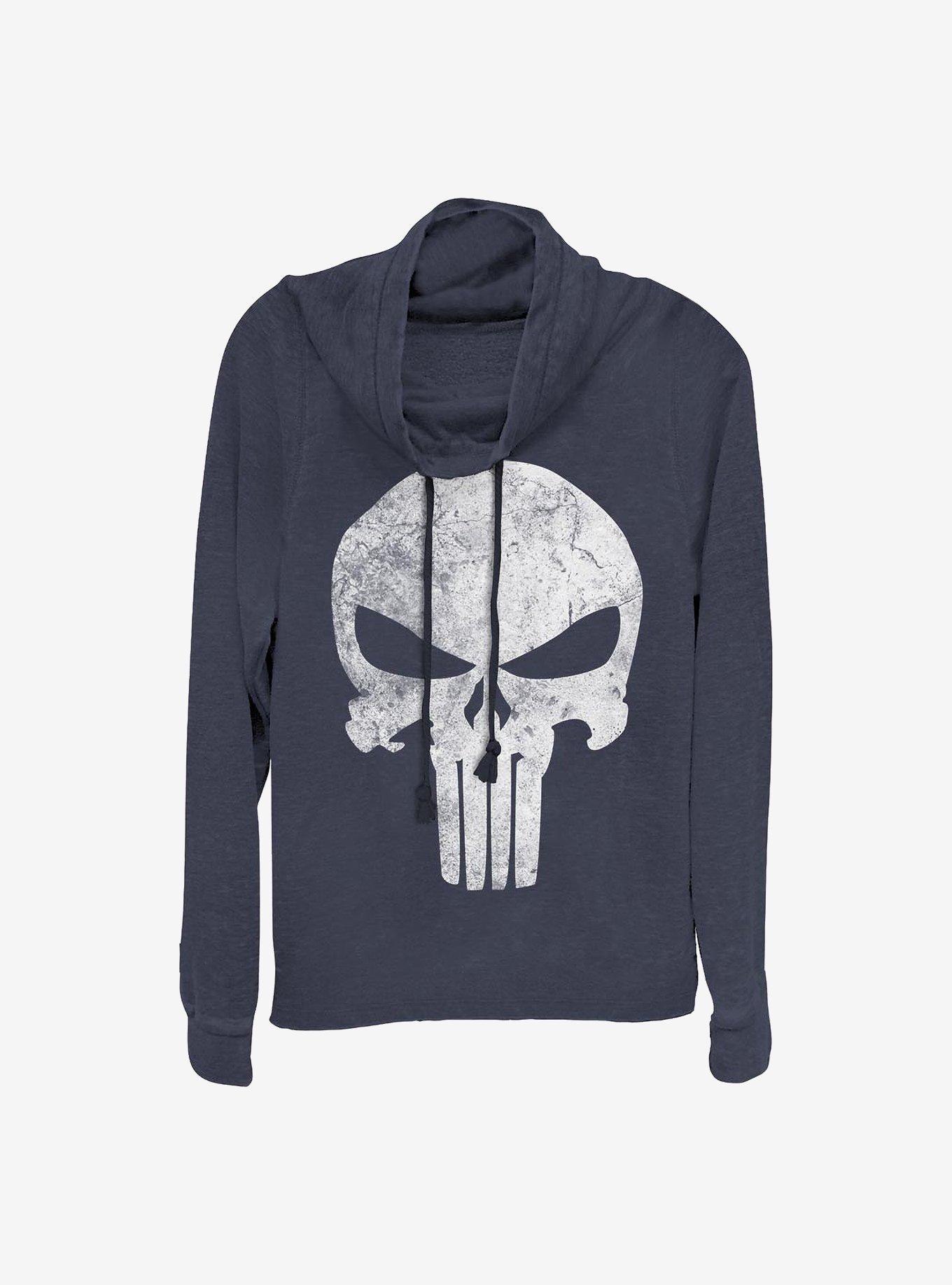 Marvel Punisher Punisher Distresskull Cowlneck Long-Sleeve Girls Top, NAVY, hi-res