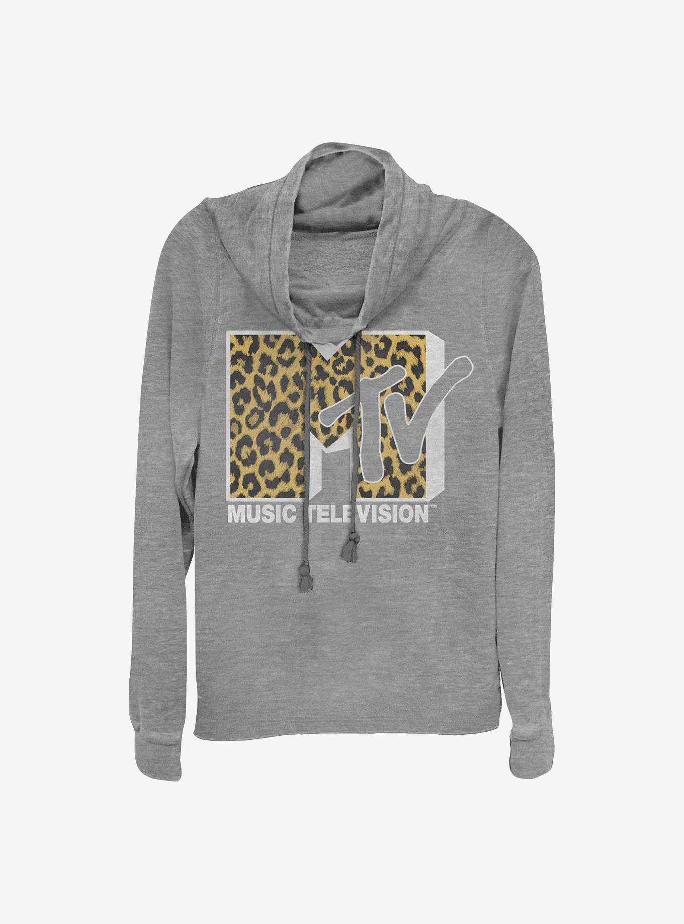 MTV Cheeta Logo Cowlneck Long-Sleeve Girls Top, GRAY HTR, hi-res