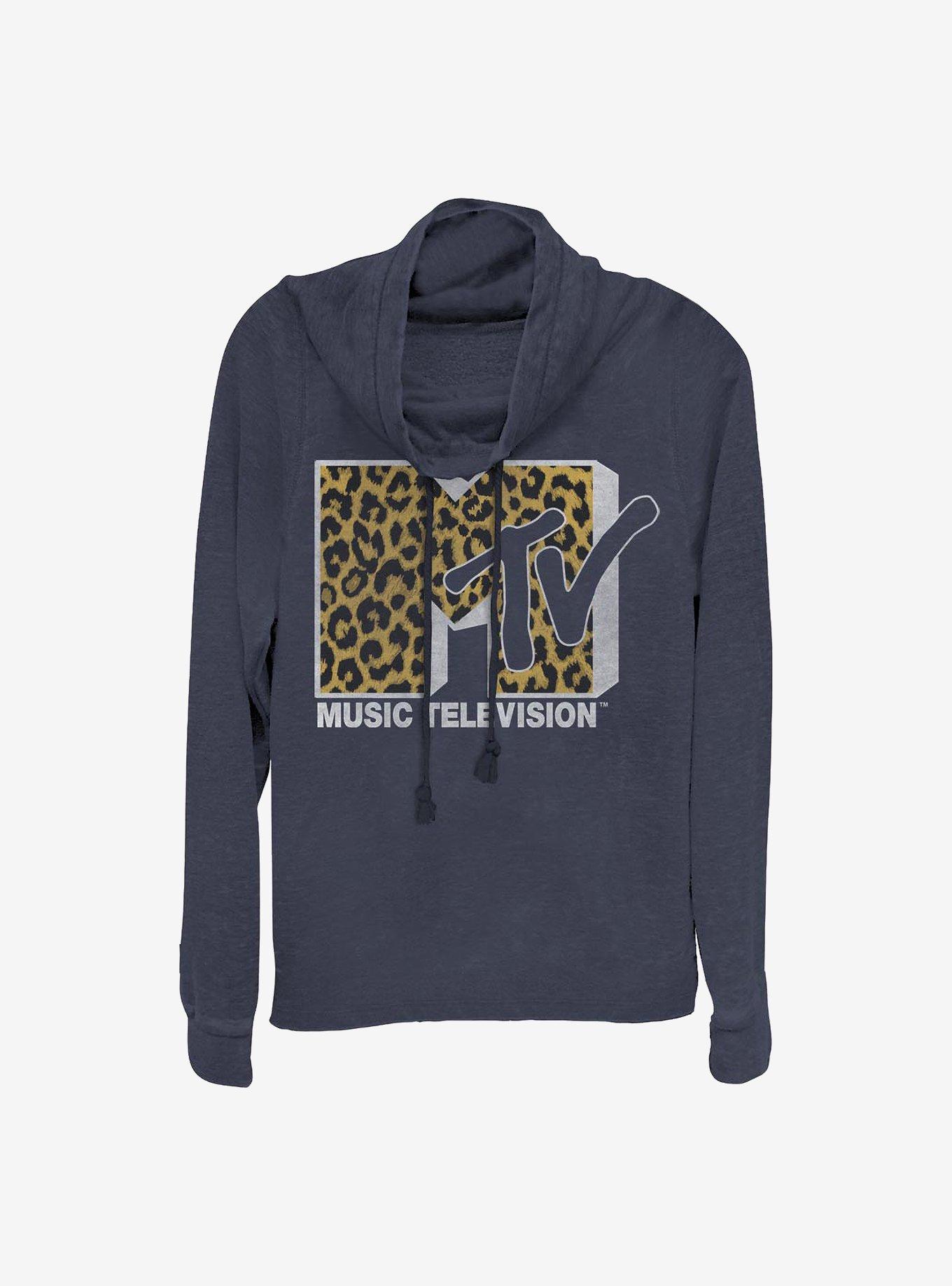 MTV Cheeta Logo Cowlneck Long-Sleeve Girls Top, NAVY, hi-res