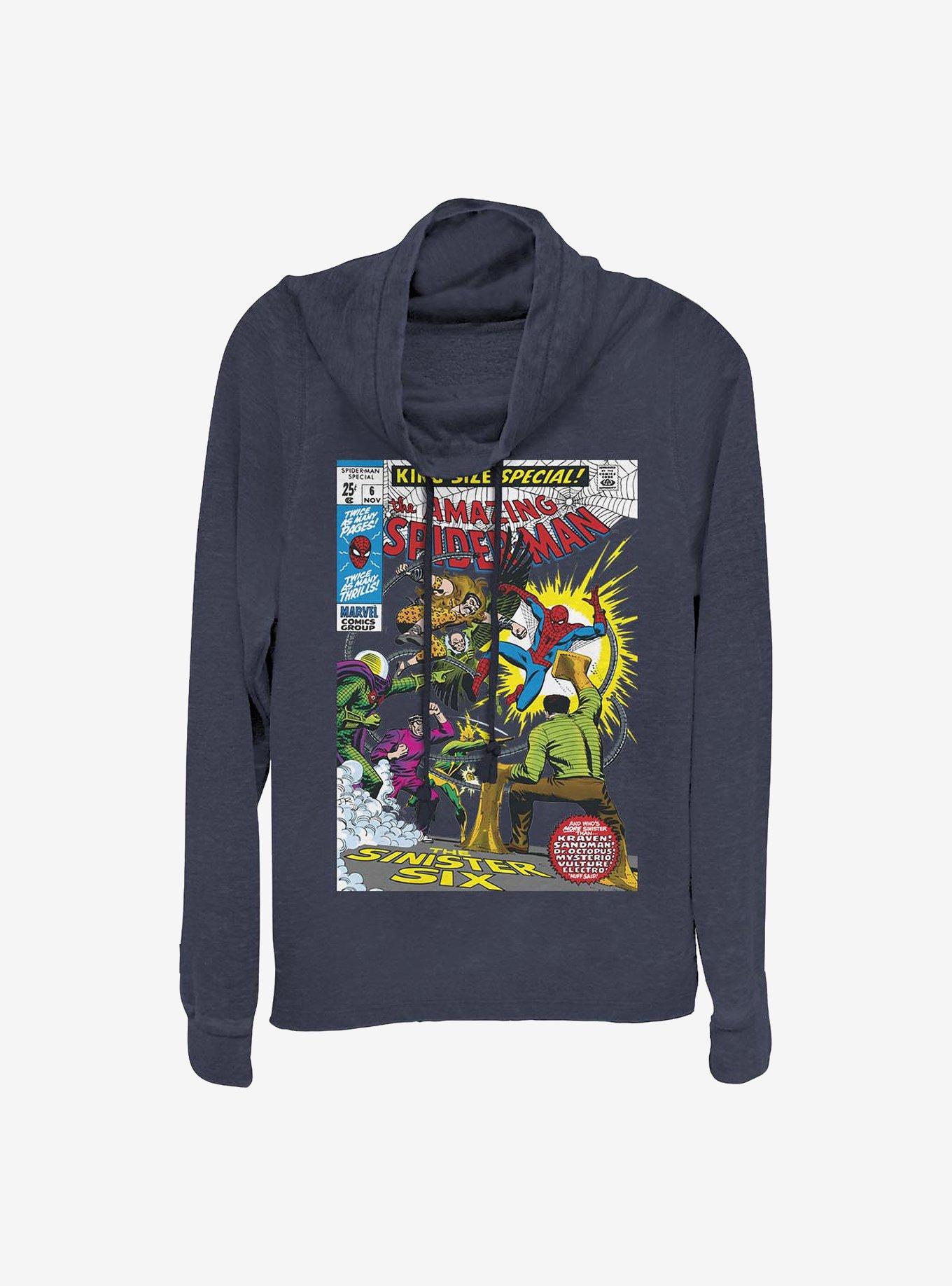 Marvel Spider-Man Comic Cowlneck Long-Sleeve Girls Top, NAVY, hi-res