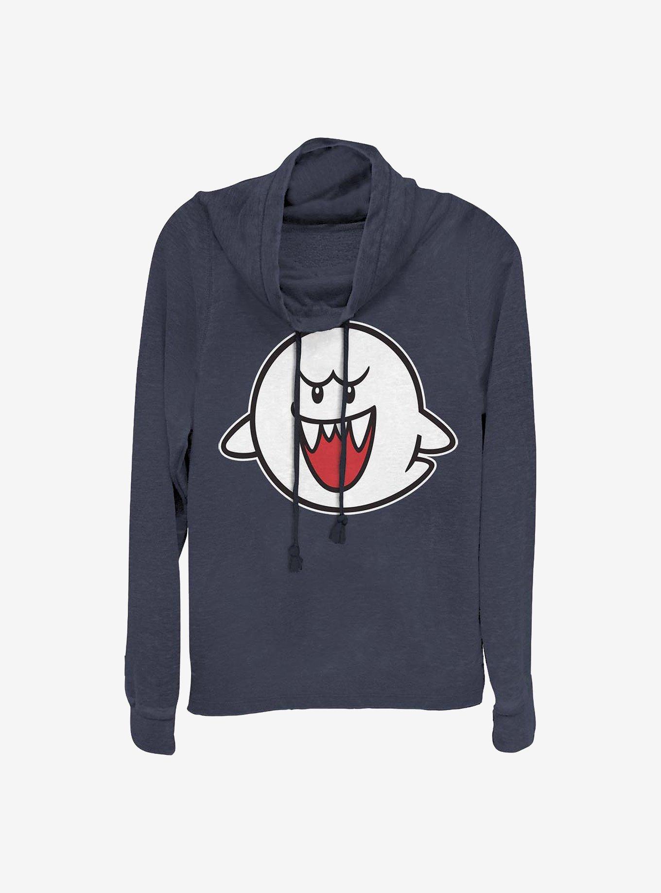 Nintendo Straight Up Boo Cowlneck Long-Sleeve Girls Top, NAVY, hi-res