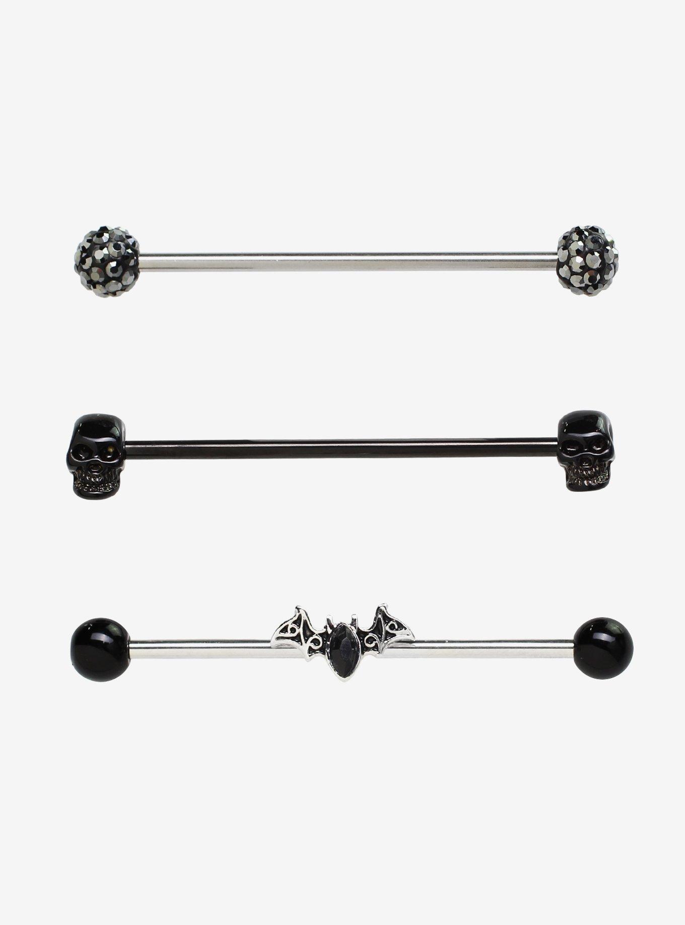 14G Gothic Bat and Skull Hematite Sparkle Gem Black Industrial Barbell 3 Pack, , hi-res