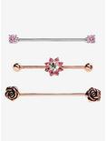 14G Pink Cubic Ab Gem Flower Rose Gold Industrial Barbell 3 Pack, , hi-res