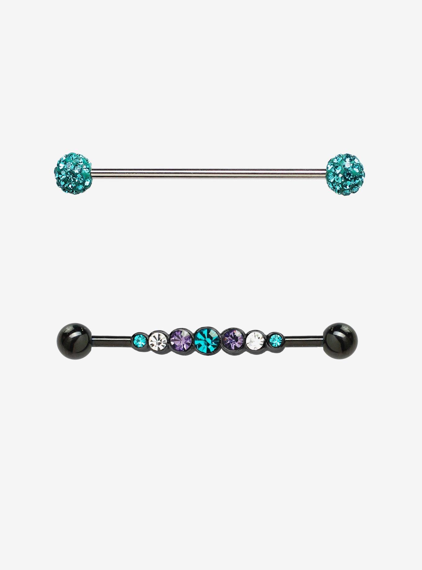 14G Sparkle Teal Purple Clear Gem Black Industrial Barbell 2 Pack, , hi-res