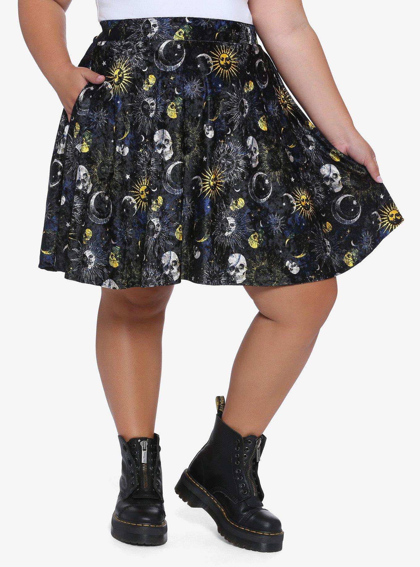 Celestial Skulls Velvet Skater Skirt Plus Size, PURPLE, hi-res