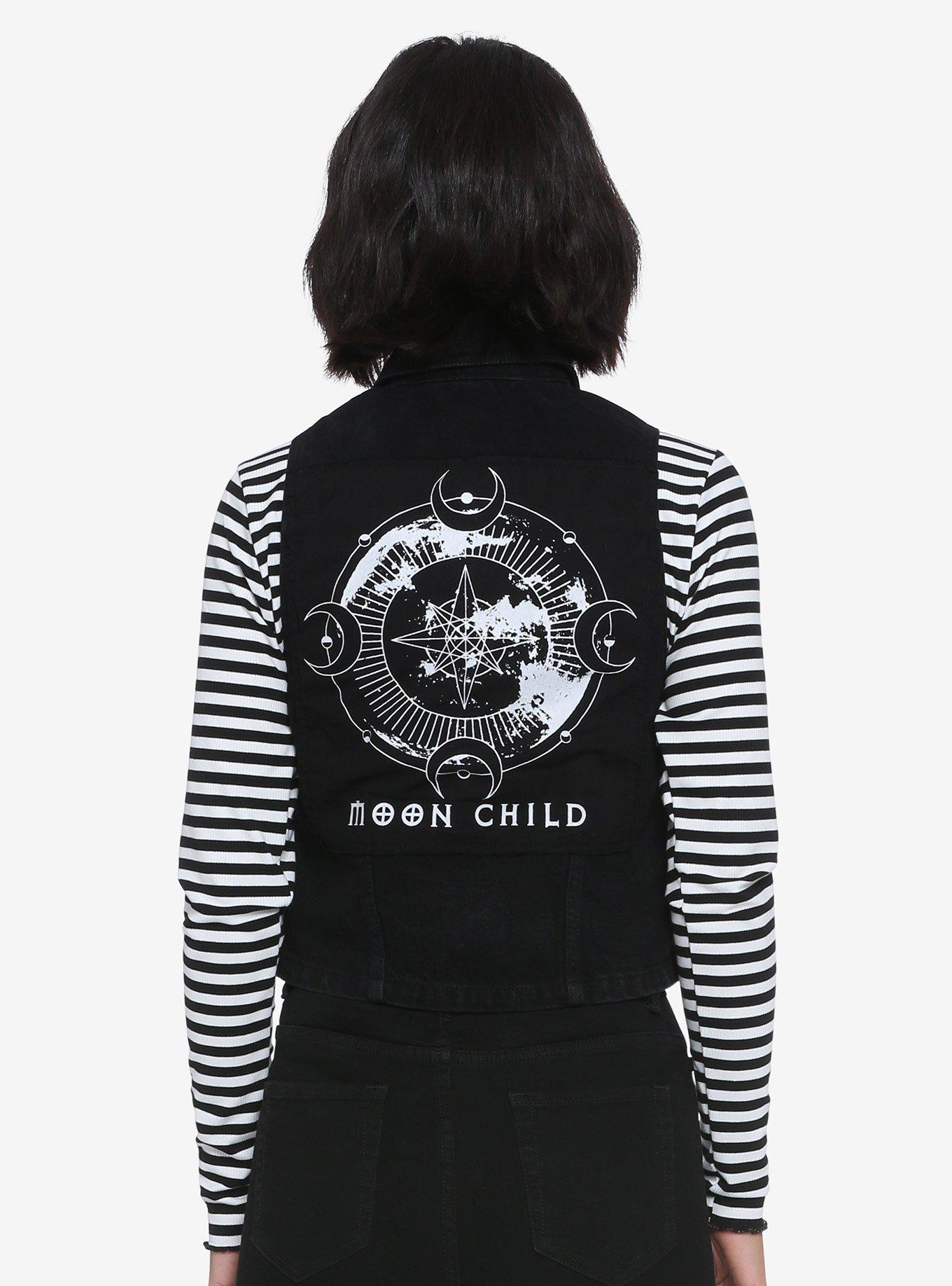 Black Moon Child Girls Denim Vest, BLACK, hi-res
