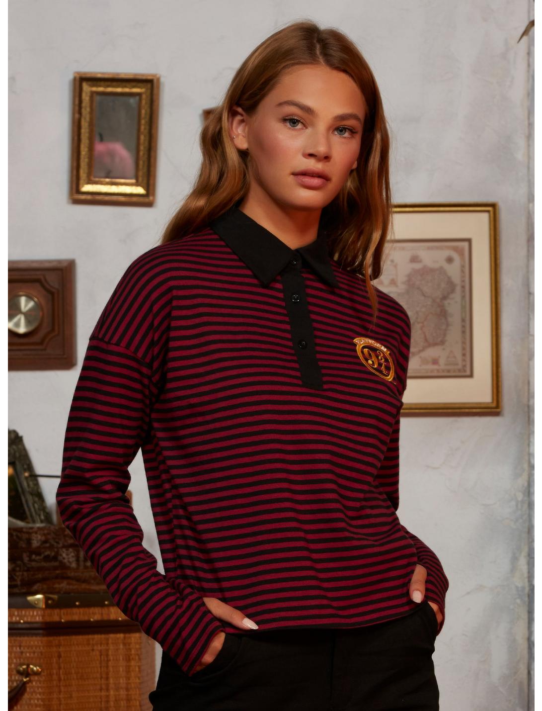 Harry Potter Platform 9 3/4 Stripe Girls Long-Sleeve Collared T-Shirt, BLACK, hi-res