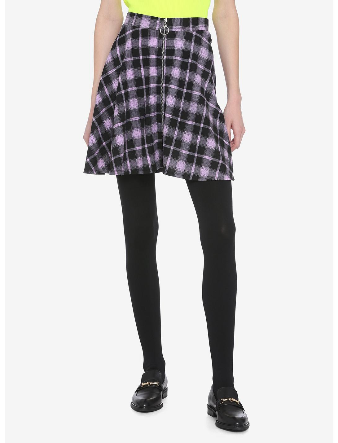 Black & Purple Plaid O-Ring Skater Skirt, LAVENDER, hi-res