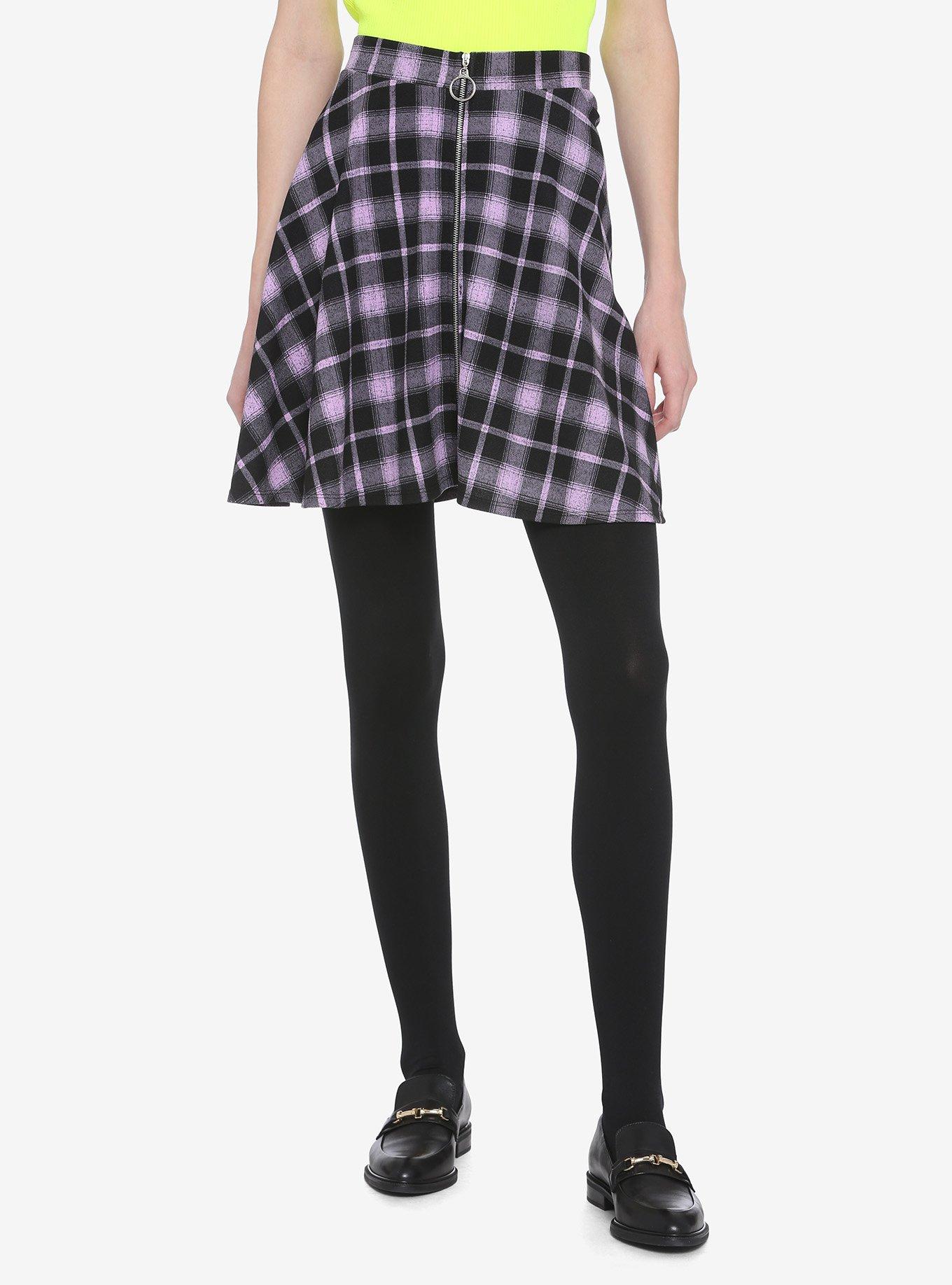 Black Purple Plaid O Ring Skater Skirt