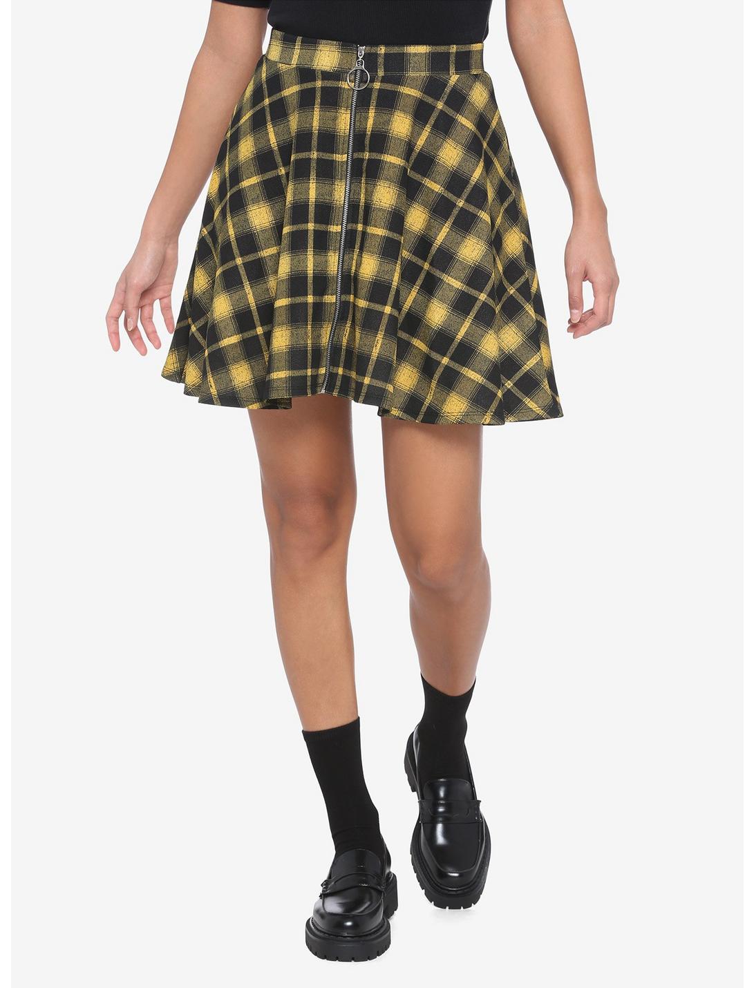Yellow & Black Plaid O-Ring Skater Skirt, PLAID - YELLOW, hi-res