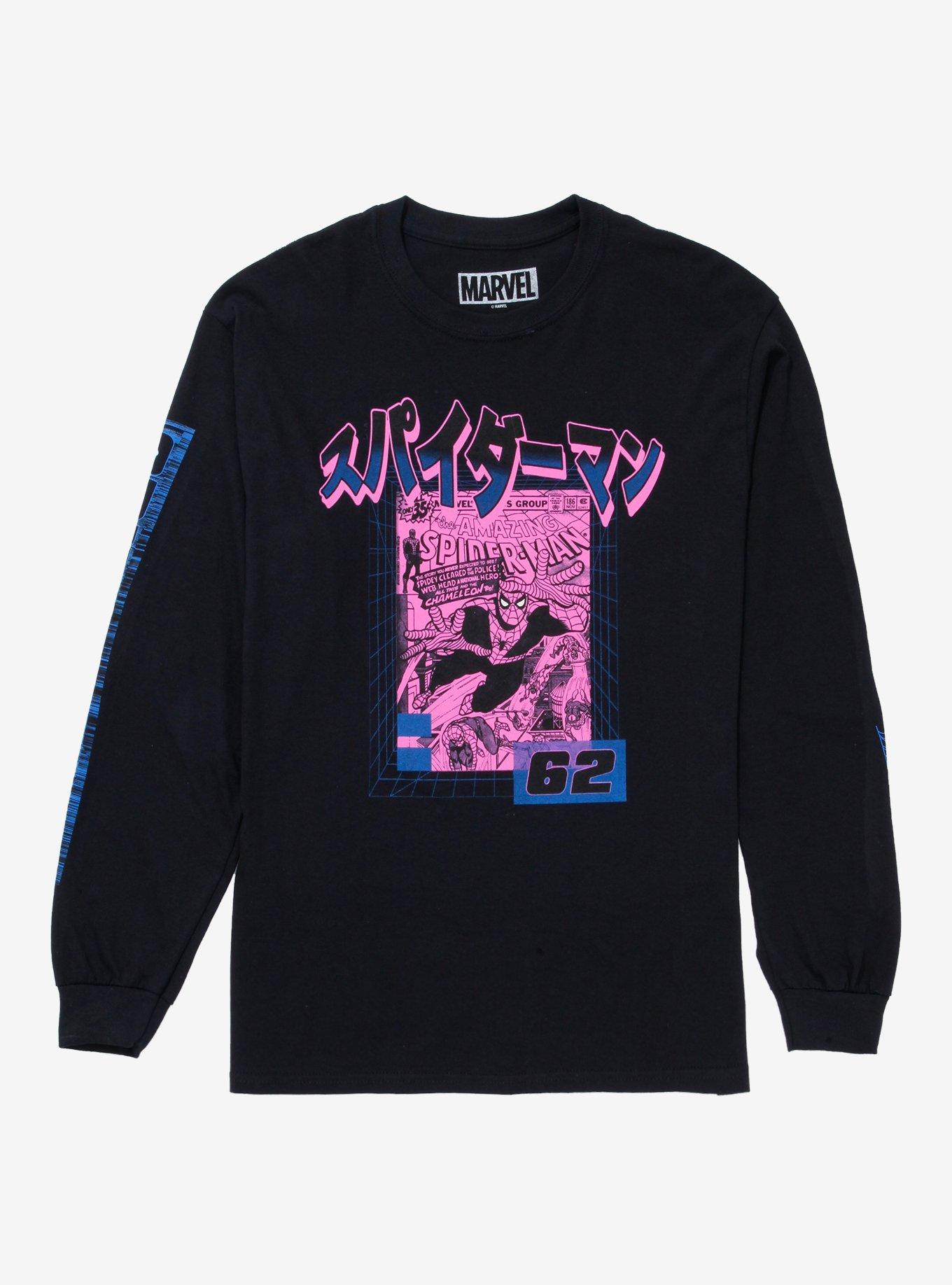 Marvel Spider-Man Comic Book Katakana Long Sleeve T-Shirt - BoxLunch Exclusive, BLACK, hi-res