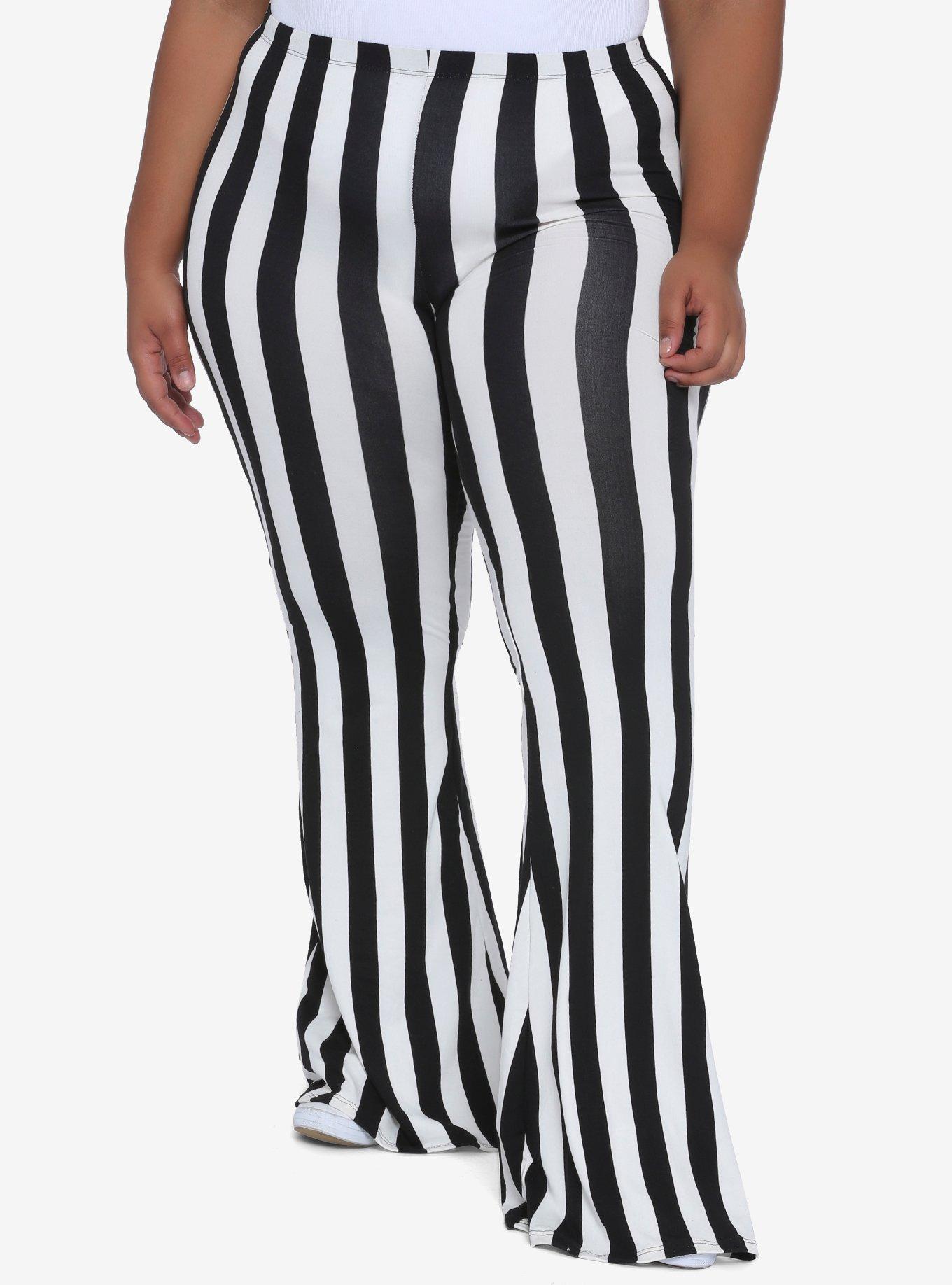 Black & White Stripe Flared Leggings Plus Size, BLACK WHITE STRIPE, hi-res
