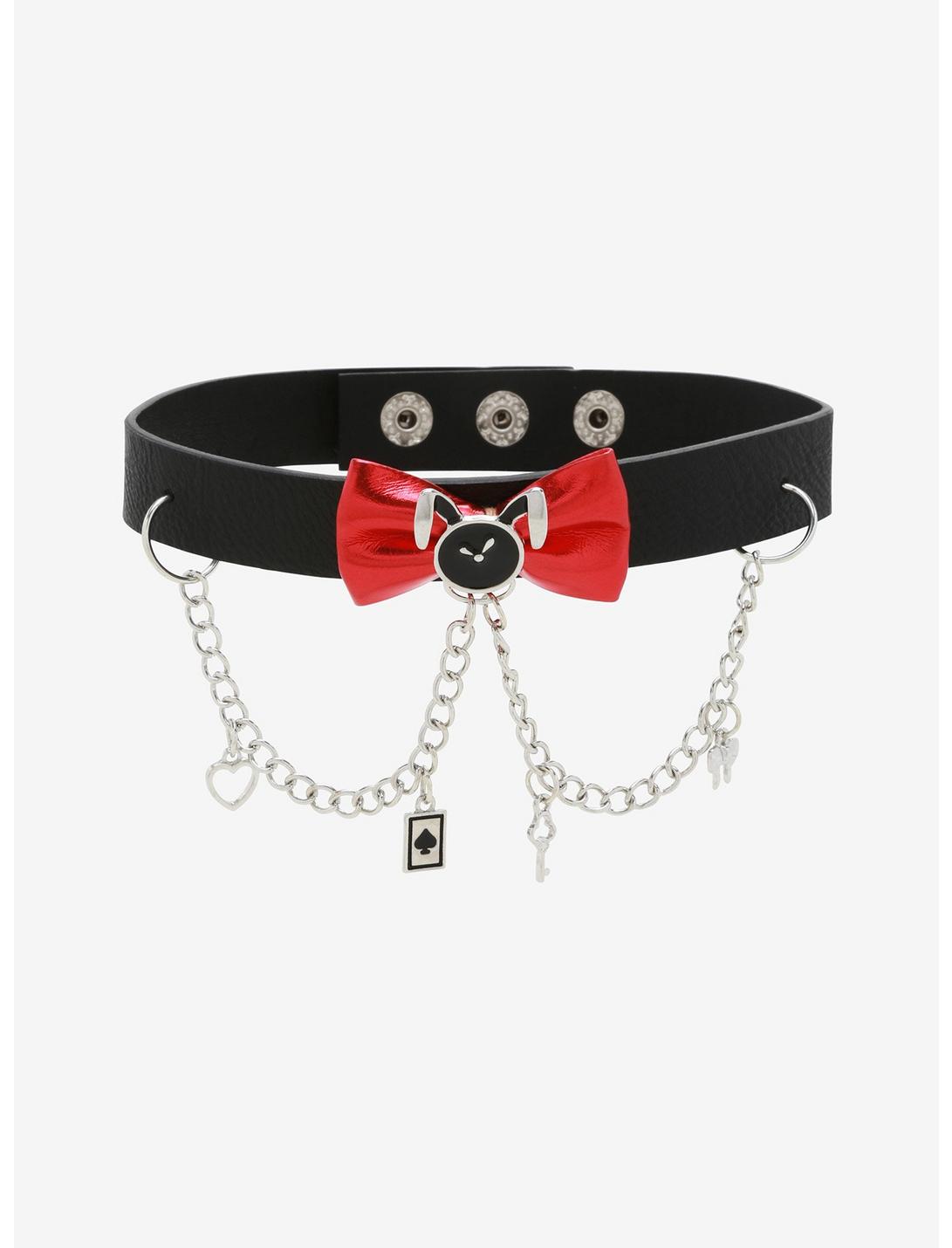 Alice In Wonderland Bunny & Bow Chain Faux Leather Choker, , hi-res