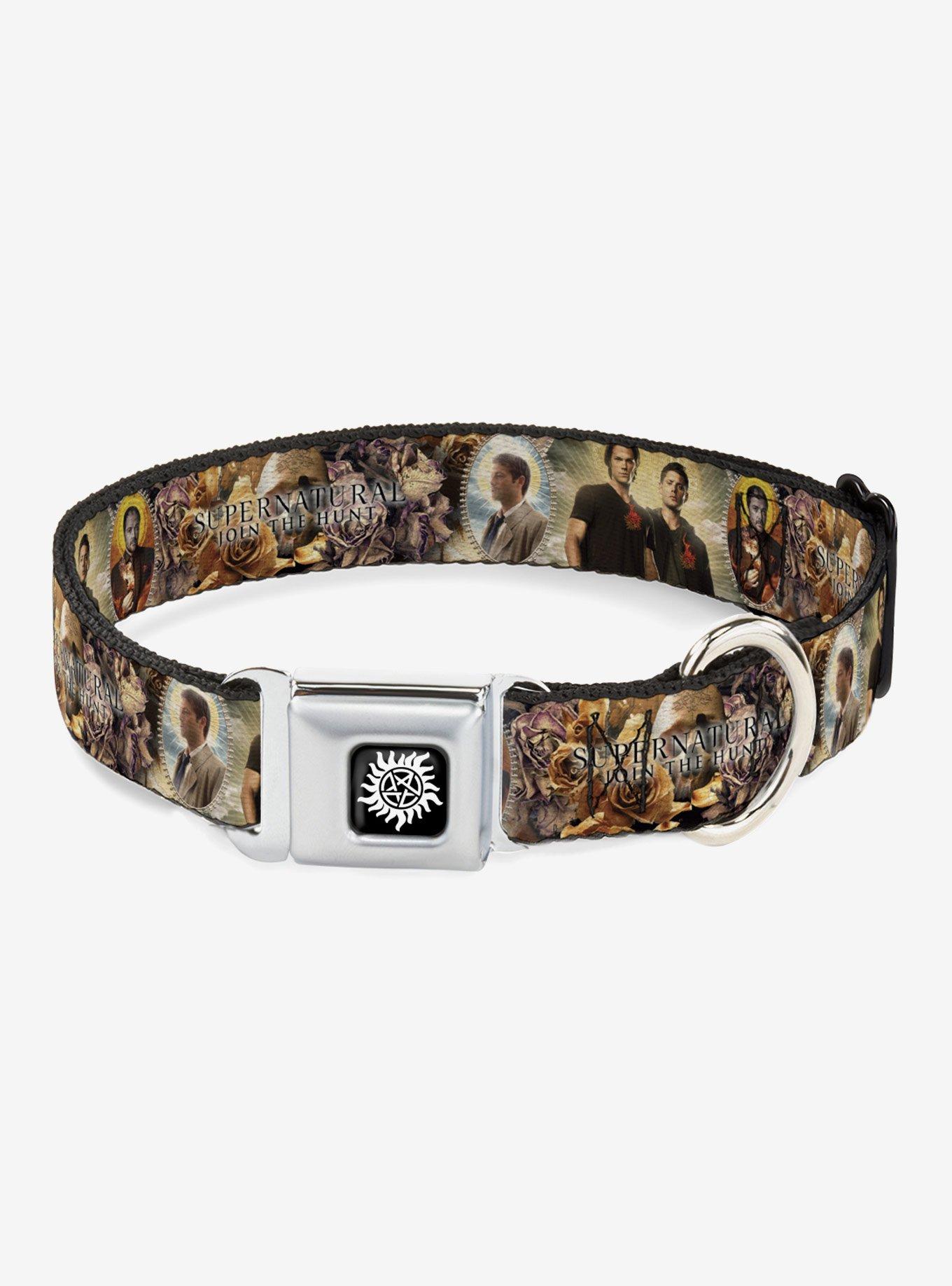 Supernatural Character Saintly Icons Skull Roses Seatbelt Buckle Dog Collar, BLACK, hi-res