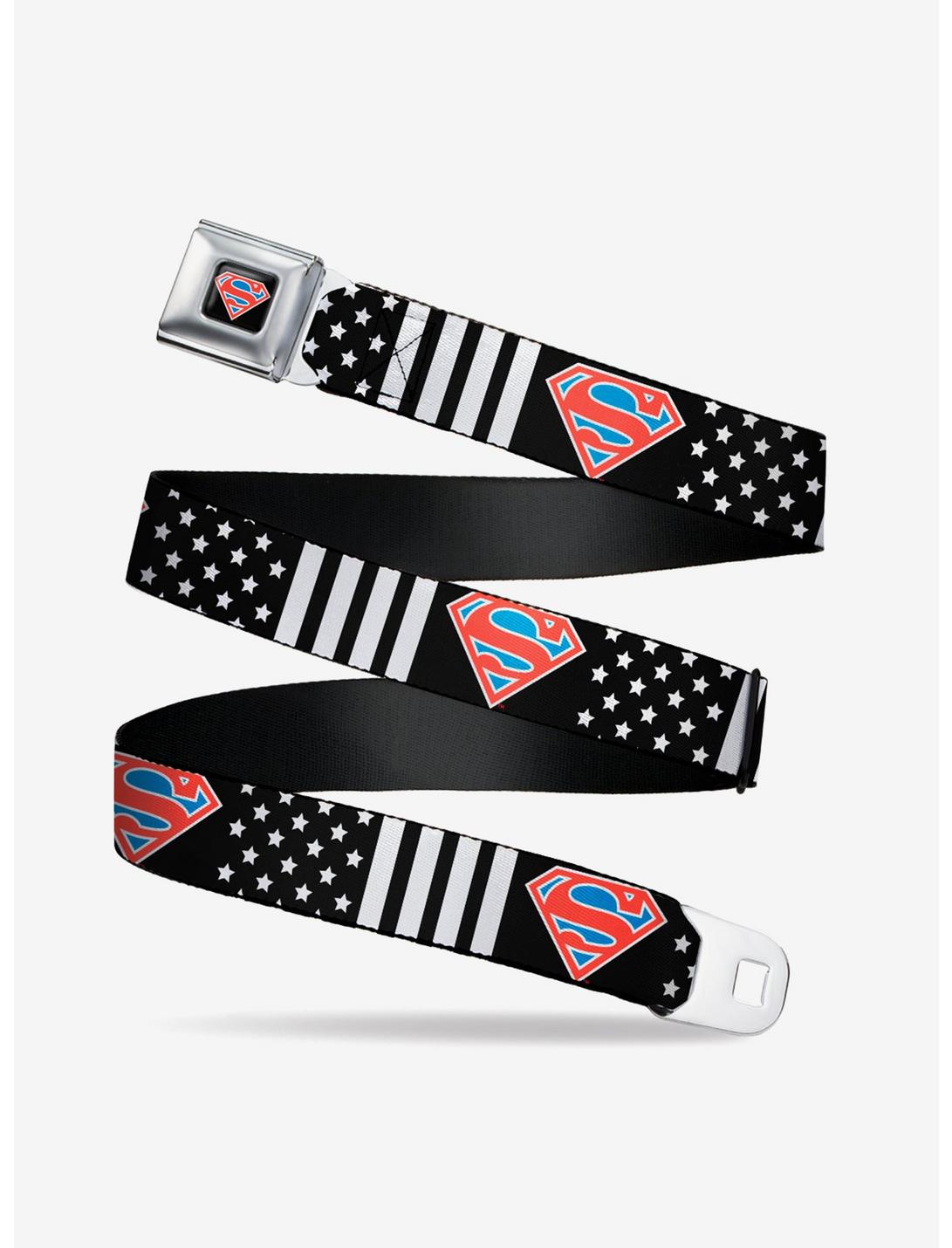 DC Comics Superman Shield Americana Stars Seatbelt Belt, BLACK, hi-res