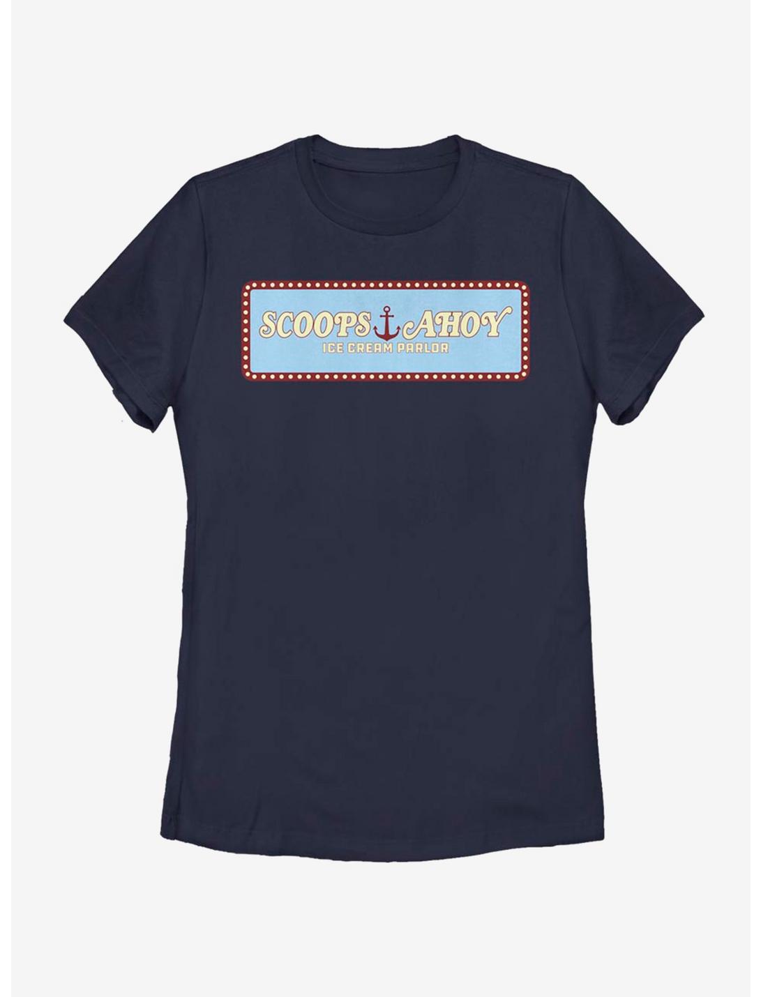 Stranger Things Scoops Ahoy Panel Womens T-Shirt, NAVY, hi-res