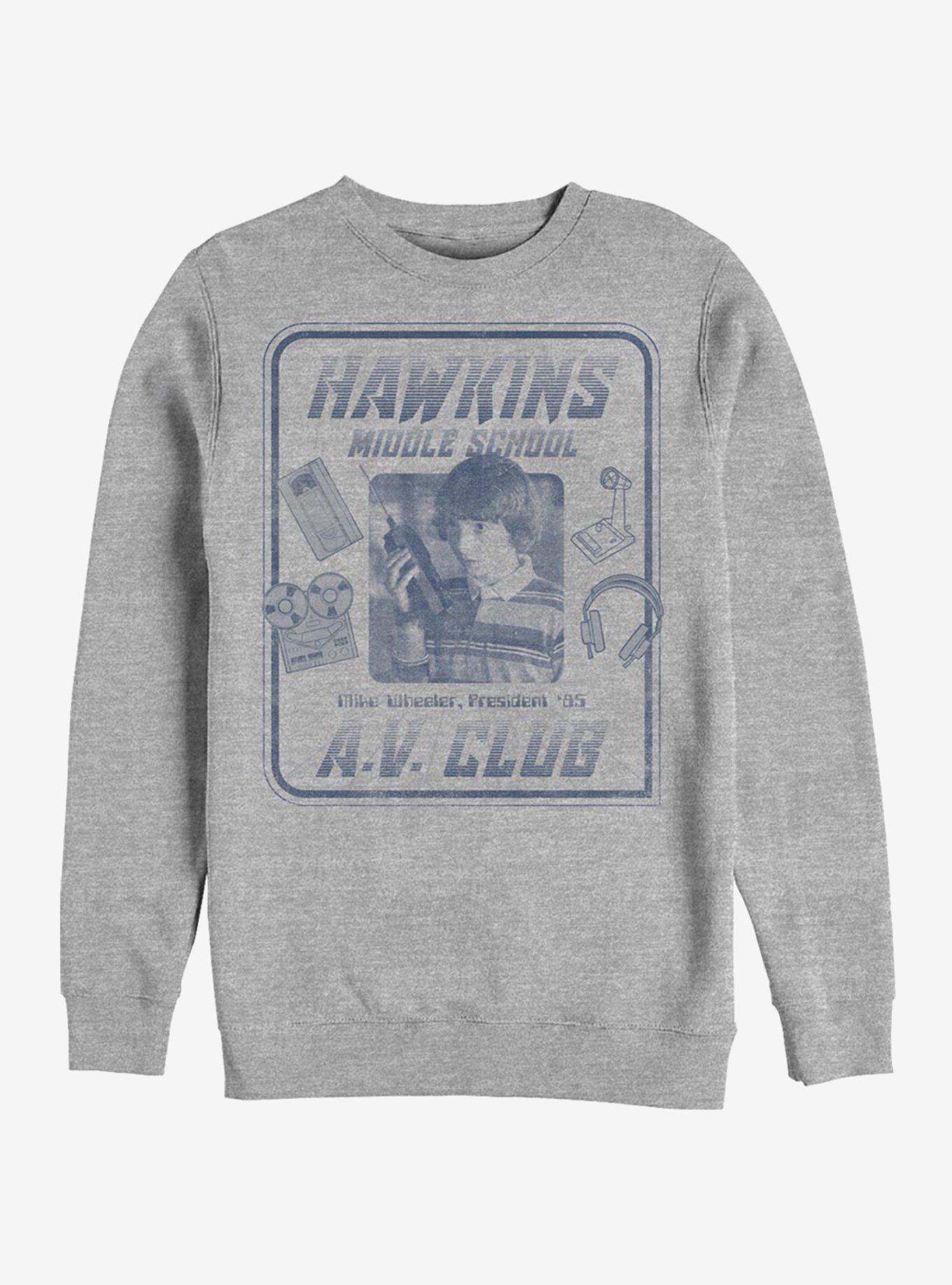 Stranger Things Mike Hawkins A.V. President Crew Sweatshirt, ATH HTR, hi-res