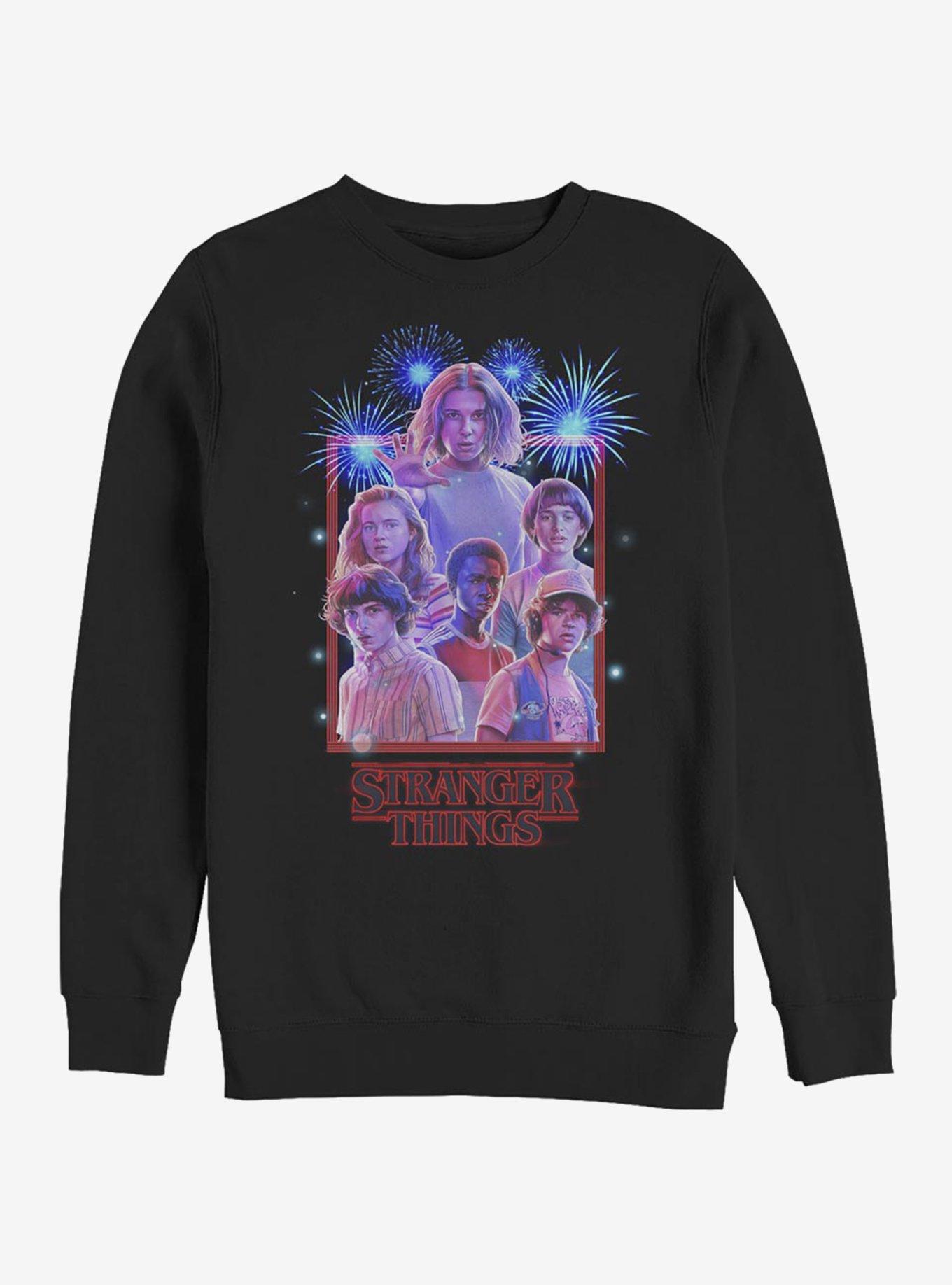 Stranger Things Group Fireworks Crew Sweatshirt, BLACK, hi-res