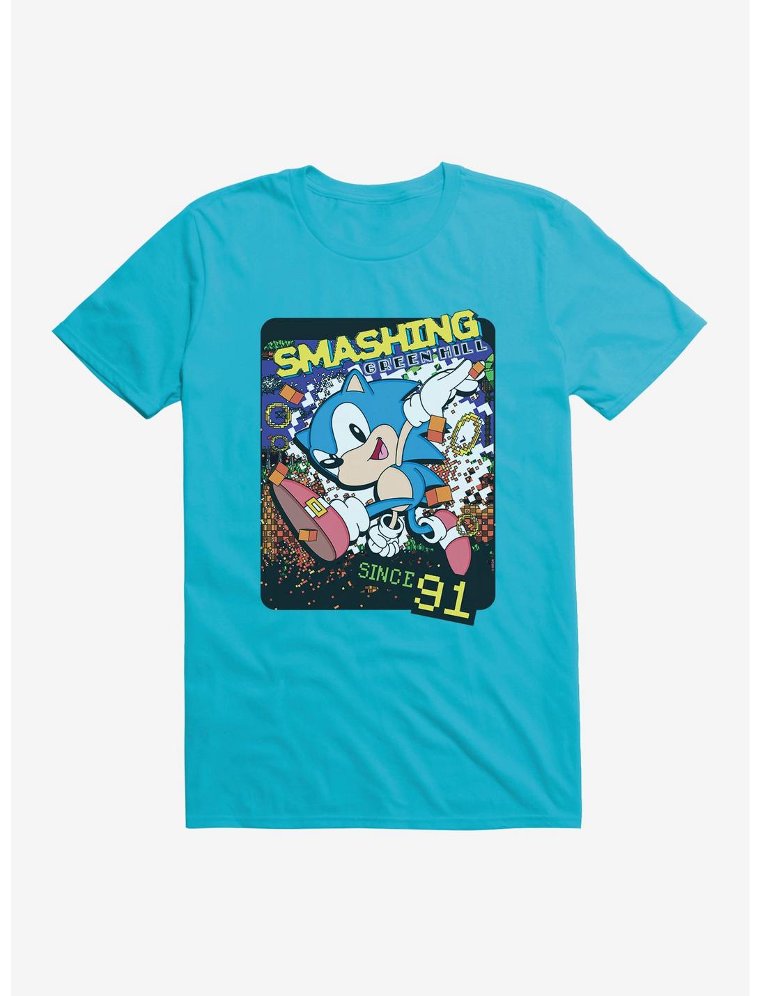 Sonic The Hedgehog Smashing Green Hill Since '91 Pixel T-Shirt, CARRIBEAN BLUE, hi-res