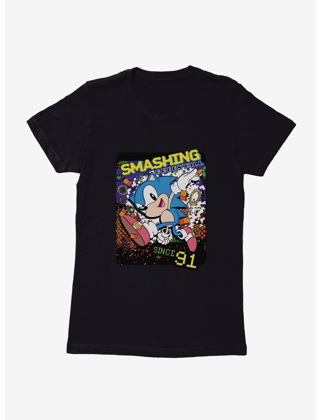 Sonic The Hedgehog Smashing Green Hill Since '91 Pixel Womens T-Shirt, BLACK, hi-res