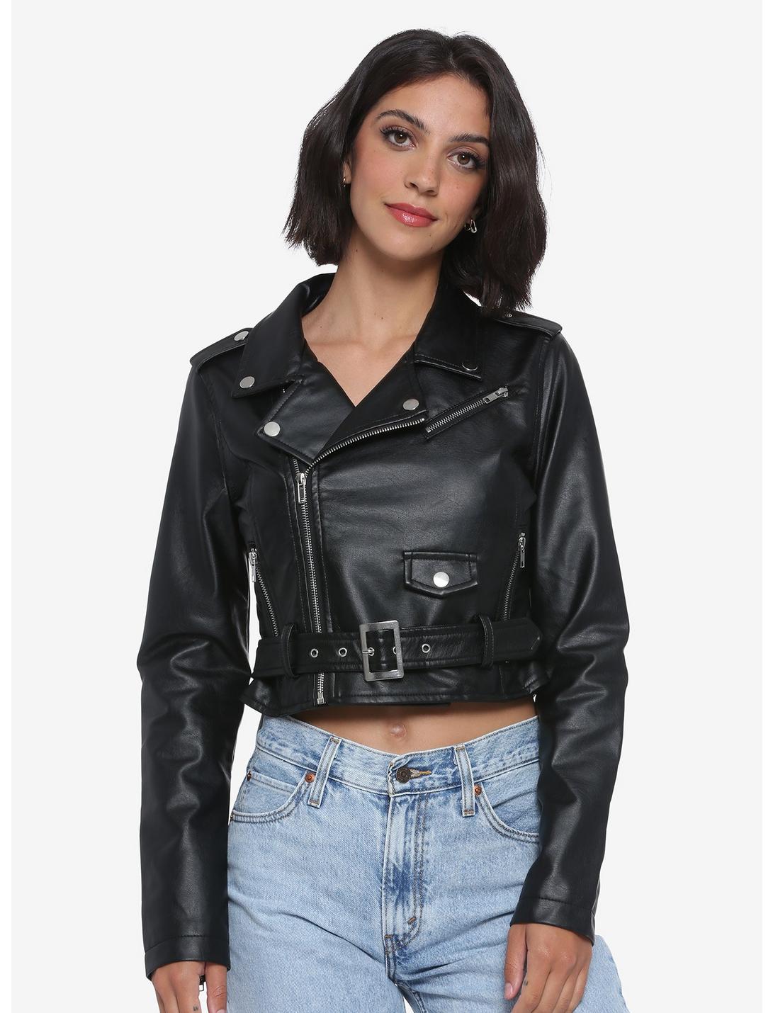 Black Moto Girls Faux Leather Jacket, BLACK, hi-res