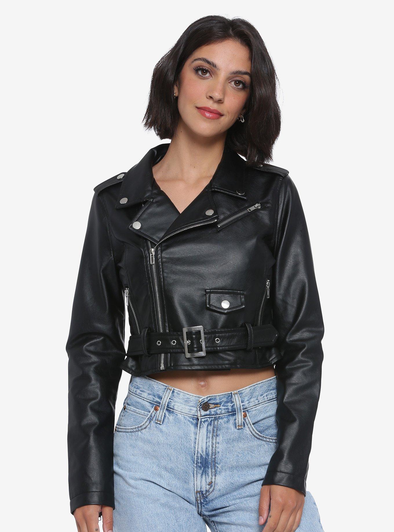 Black Moto Girls Faux Leather Jacket, BLACK, hi-res
