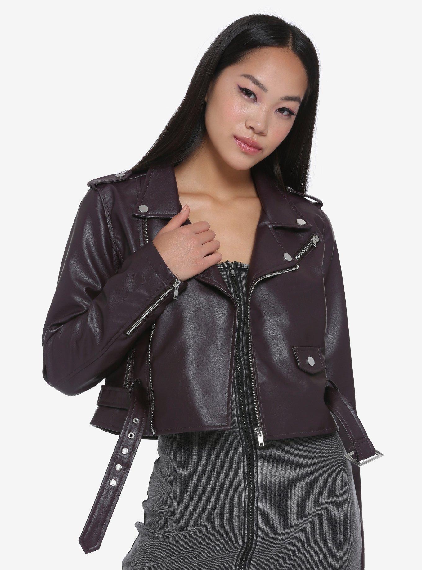 Dark Purple Moto Girls Faux Leather Jacket, BURGUNDY, hi-res