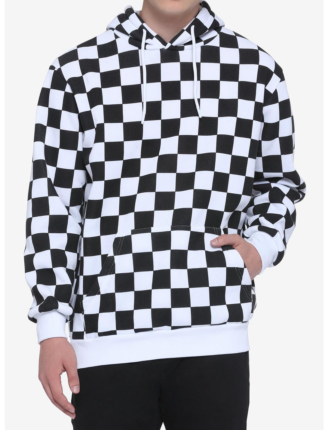 Black & White Checkered Hoodie, Check 1 2 White Black, hi-res