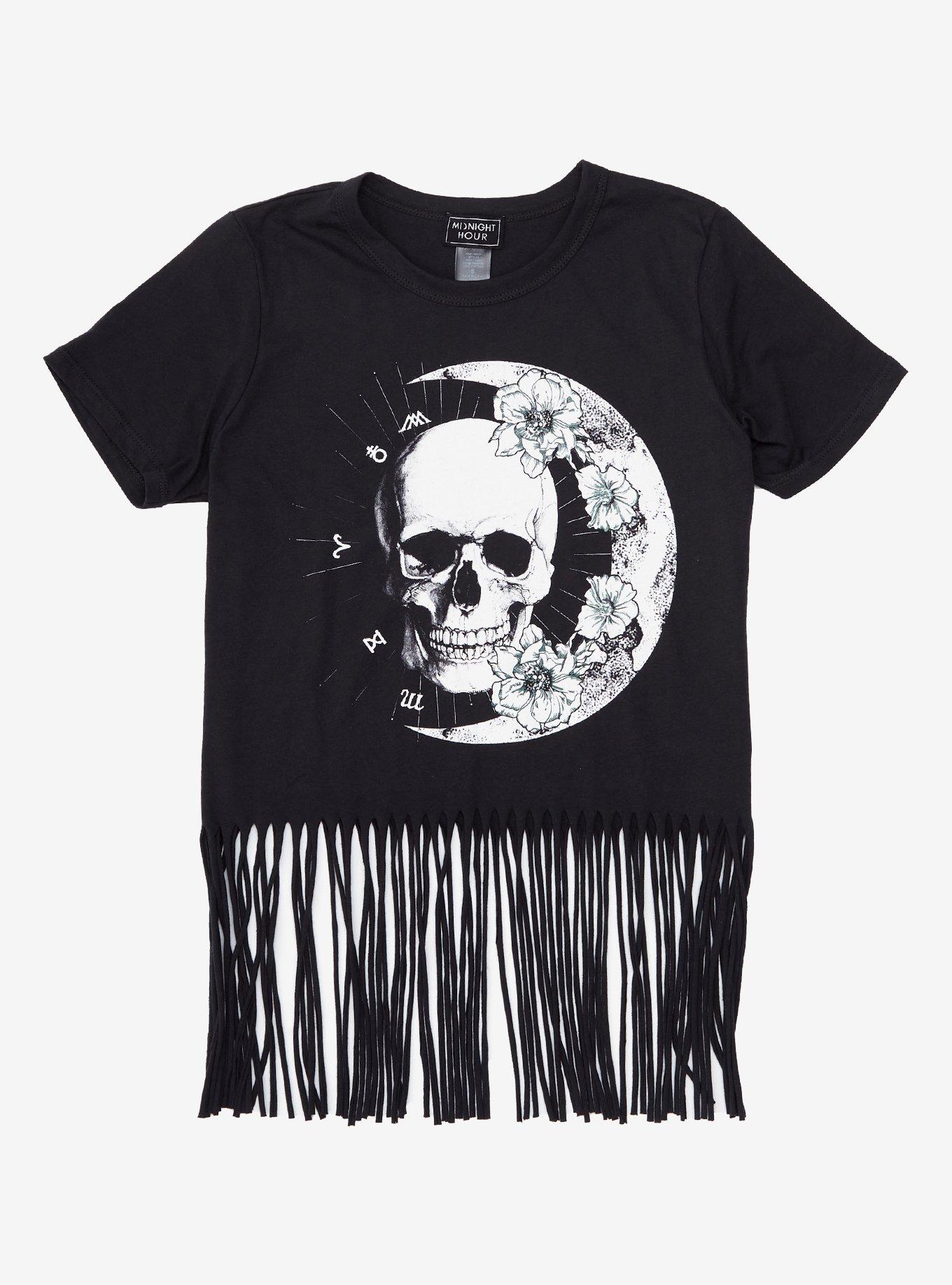 Floral Moon & Skull Fringe Girls T-Shirt Plus Size, BLACK, hi-res
