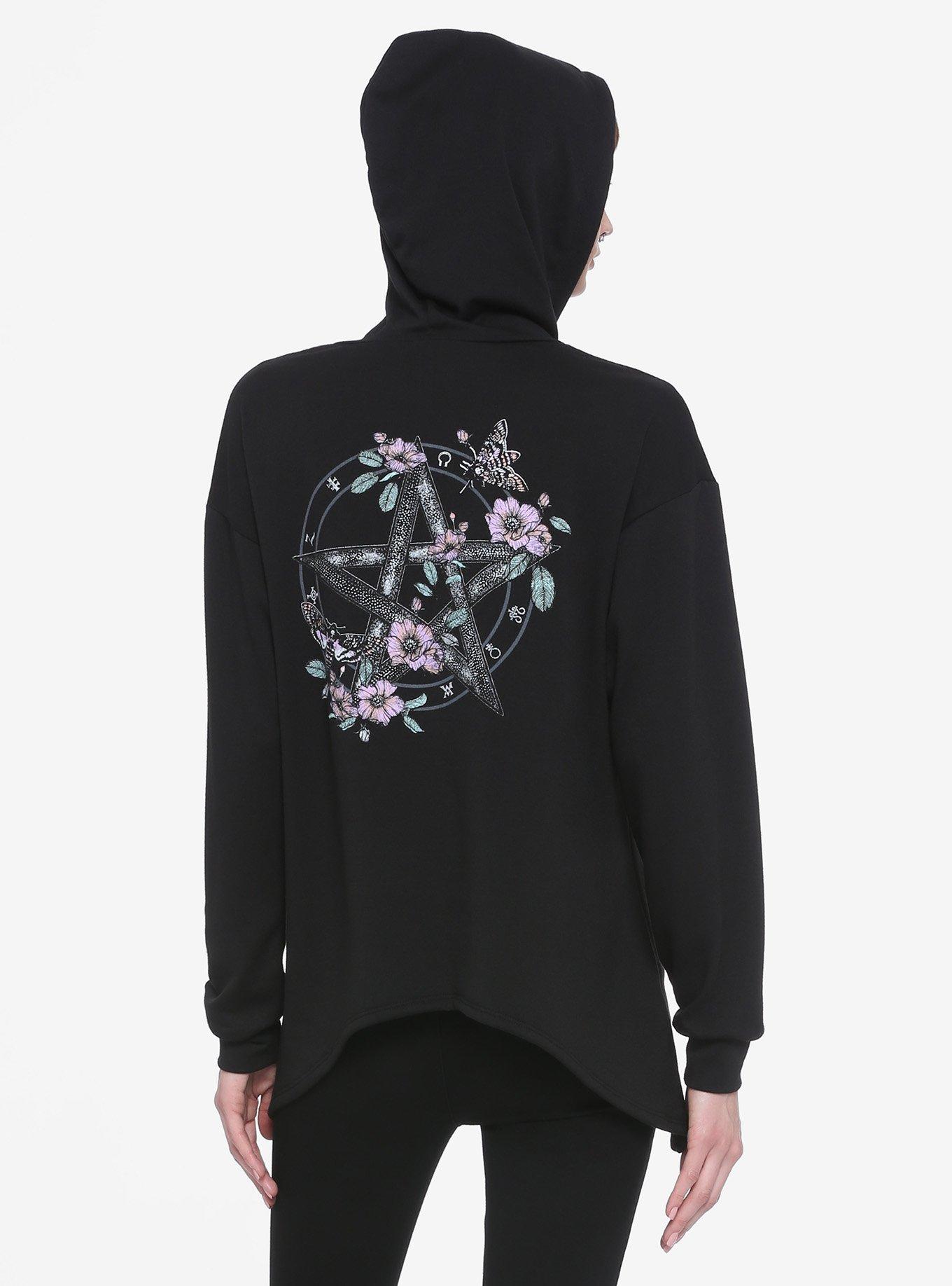 Floral Pentagram Pointed Hem Girls Hoodie, GREY, hi-res