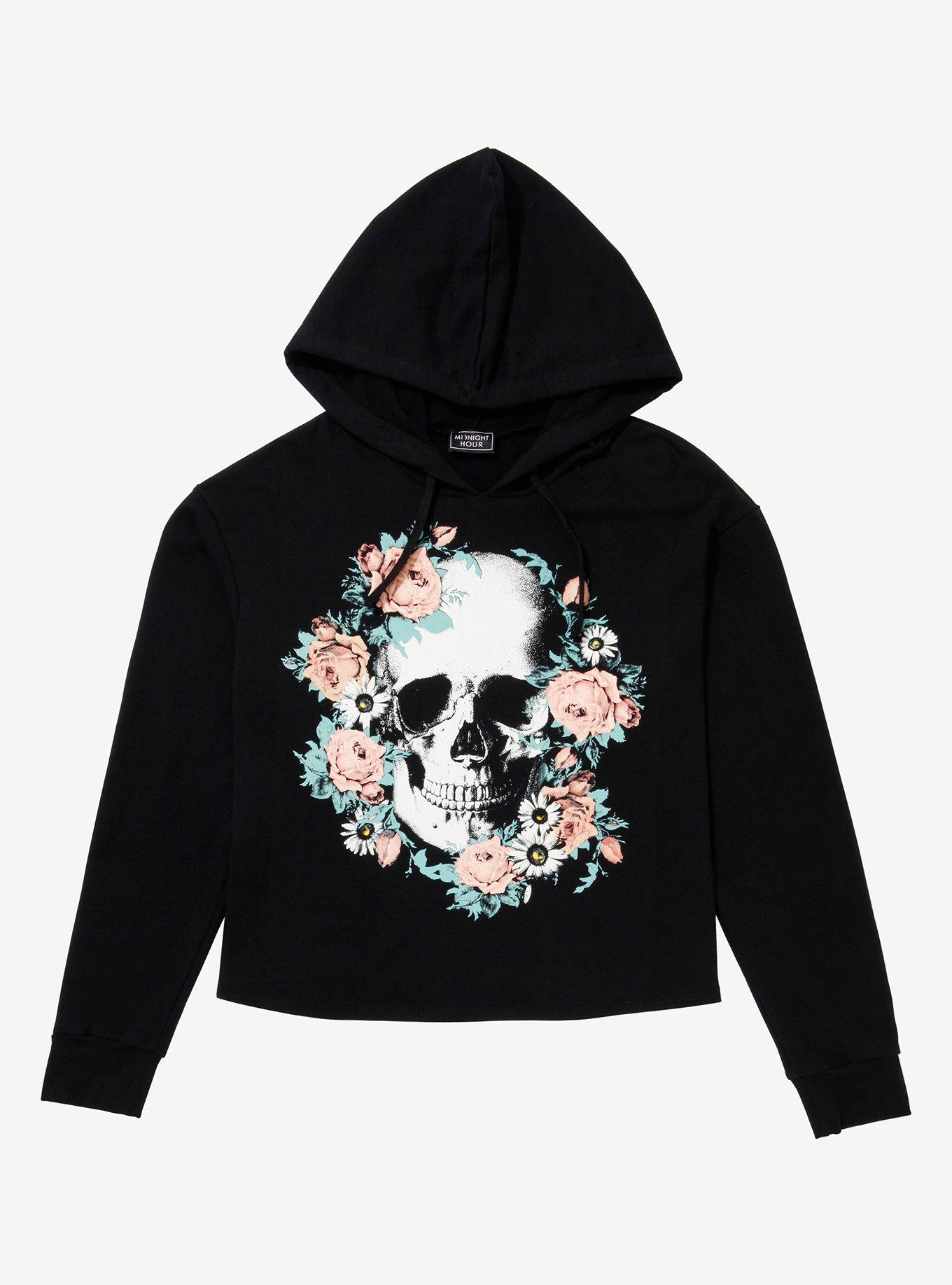 Floral Skull Girls Hoodie, BLACK, hi-res