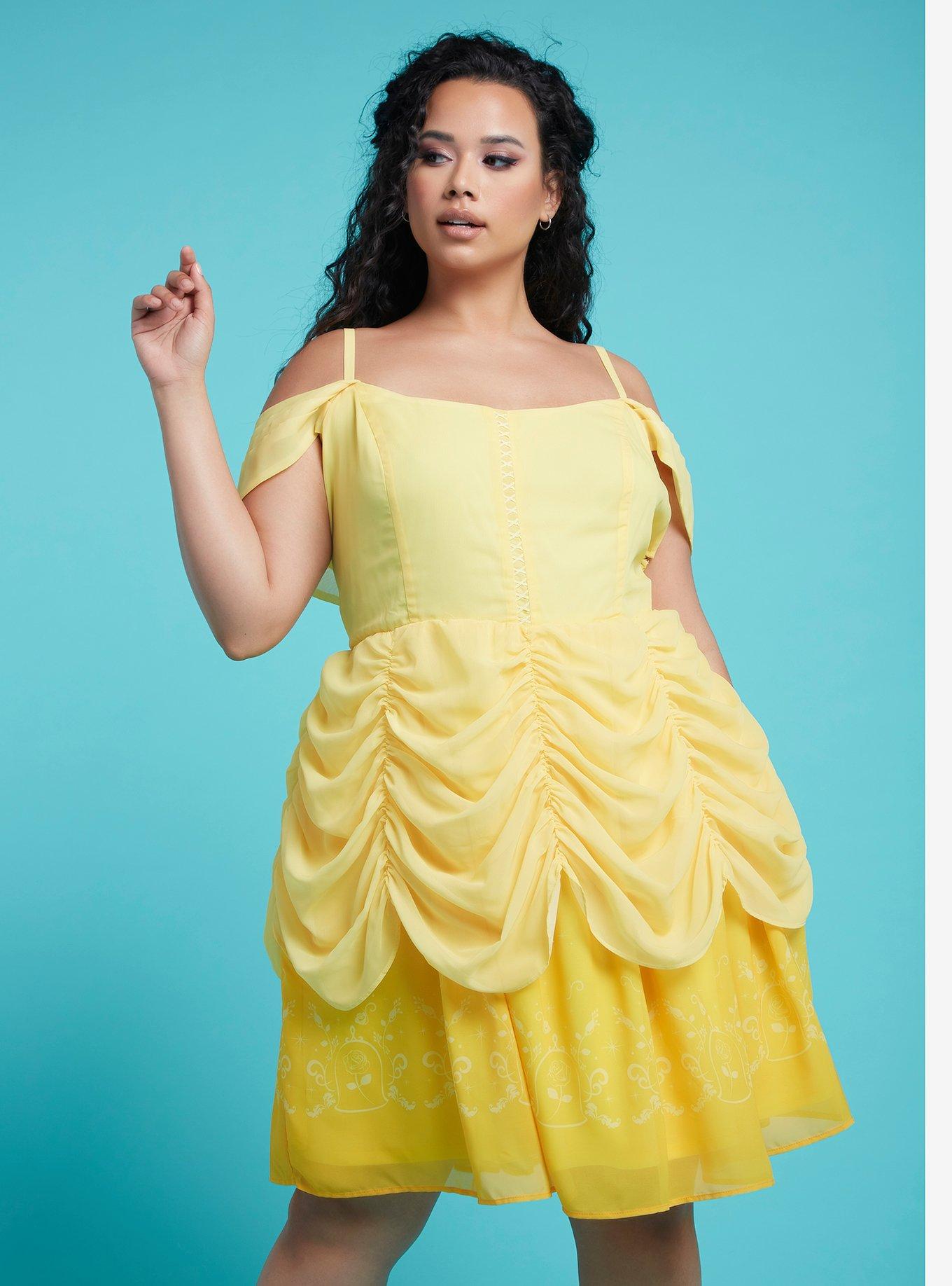 Her Universe Disney Beauty And The Beast Belle Princess Cold Shoulder Dress Plus Size, YELLOW, hi-res