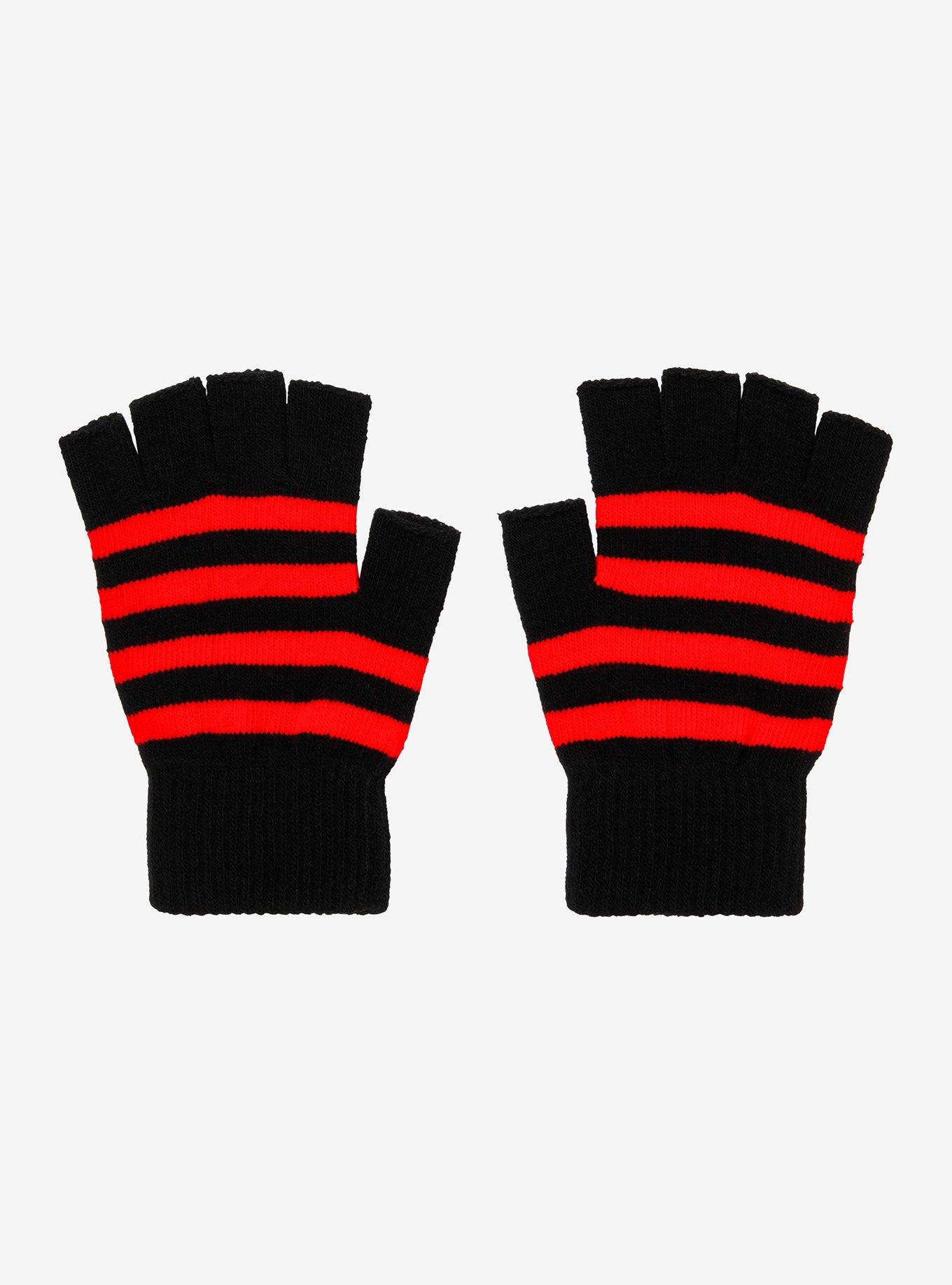 Black & Red Stripe Fingerless Gloves, , hi-res