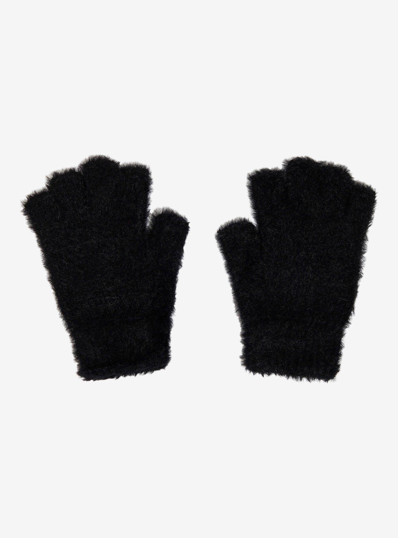 Black Fuzzy Fingerless Gloves, , hi-res